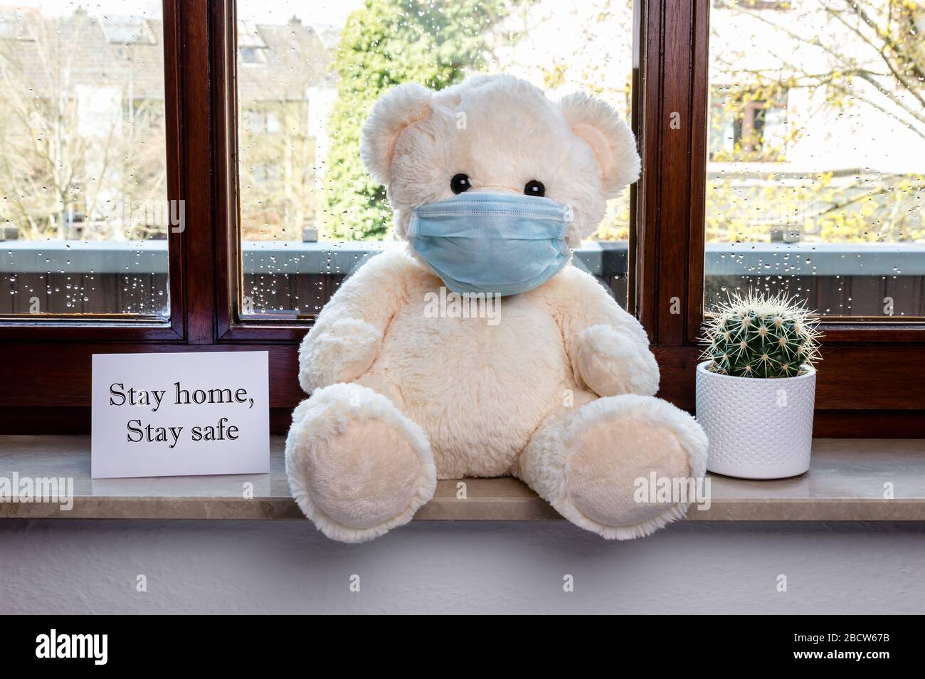 Orsacchiotto con maschera medica in quarantena per Covid-19 vicino alla finestra. White paper con testo, rimani a casa e al sicuro. Concetto di malattia, isolamento del paziente Foto Stock