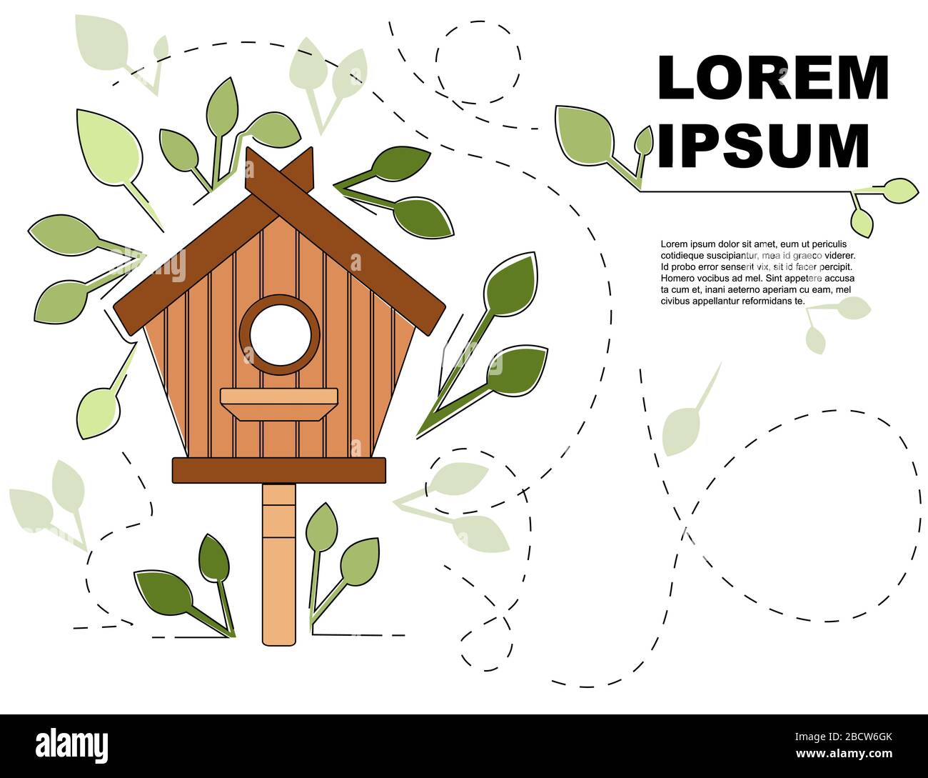 Scatola di nidificazione su legno palo birdhouse di legno piatto illustrazione vettoriale su sfondo bianco con foglie verdi pubblicità flyer banner design Illustrazione Vettoriale