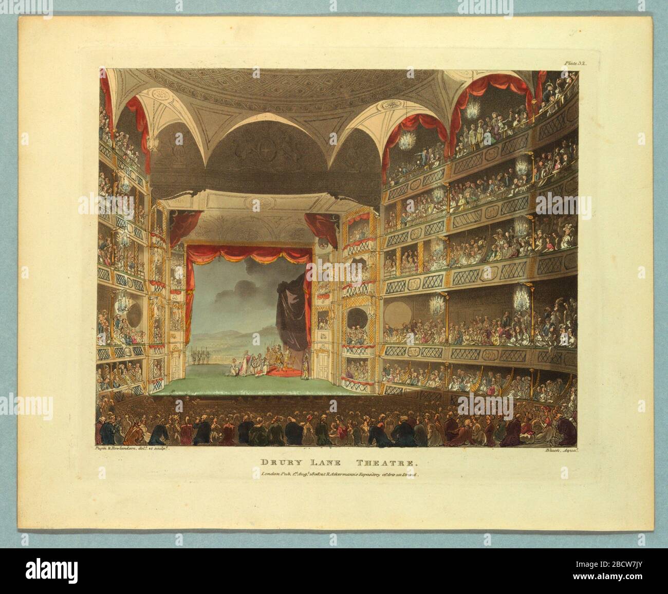 Drury Lane Theatre di Ackermanns Repository. Ricerca nel rettangolo ProgressHorizontal. Vista del teatro che si affaccia sul palco dal retro. Scatole piene e pavimento. Gioco romano in corso. Titolo, nomi degli artisti e degli editori qui sotto. Drury Lane Theatre di Ackermanns Repository Foto Stock
