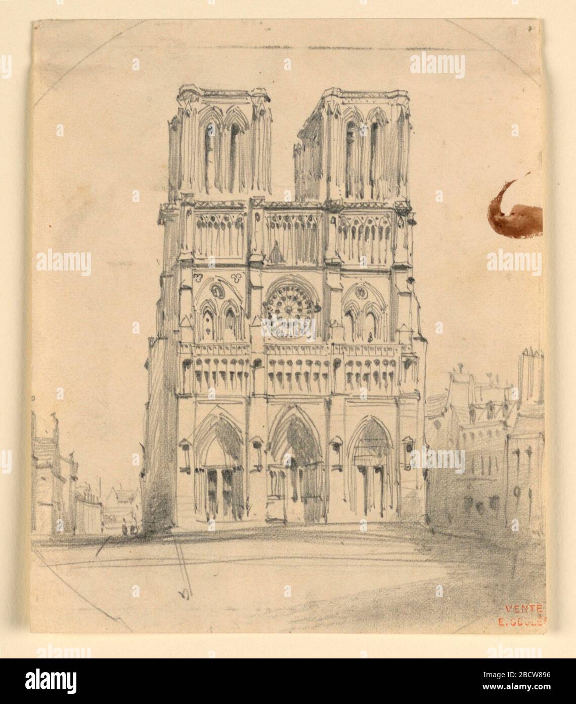 Notre Dame a Parigi. Ricerca in progresso la facciata della cattedrale di Notre Dame a Parigi. Le case a destra della piazza e la strada fiancheggia il lato sinistro della cattedrale. Notre Dame a Parigi Foto Stock