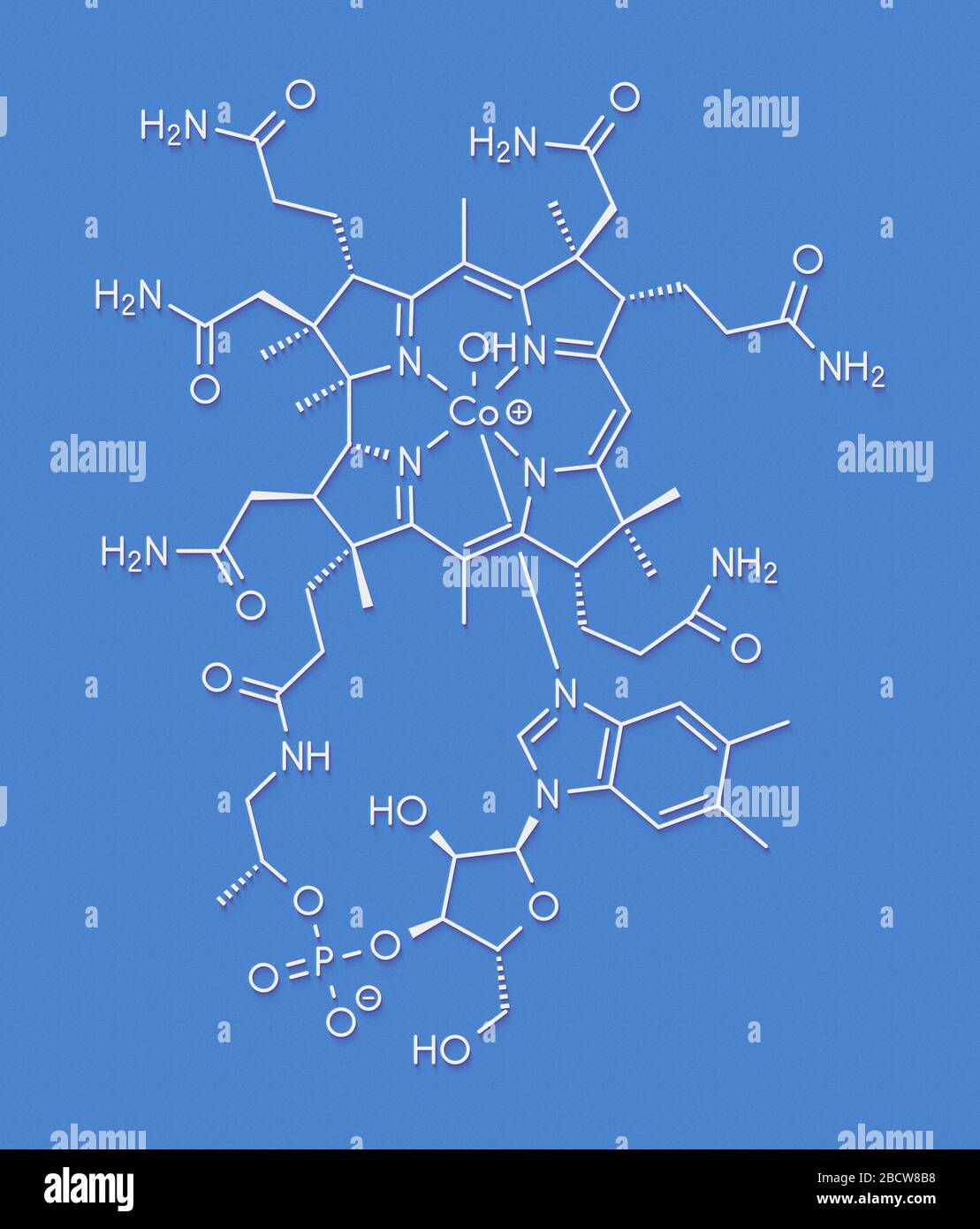 Molecola di vitamina B12 idrossicobalamina. Spesso somministrato terapeuticamente in caso di deficit di B12. Formula scheletrica. Foto Stock
