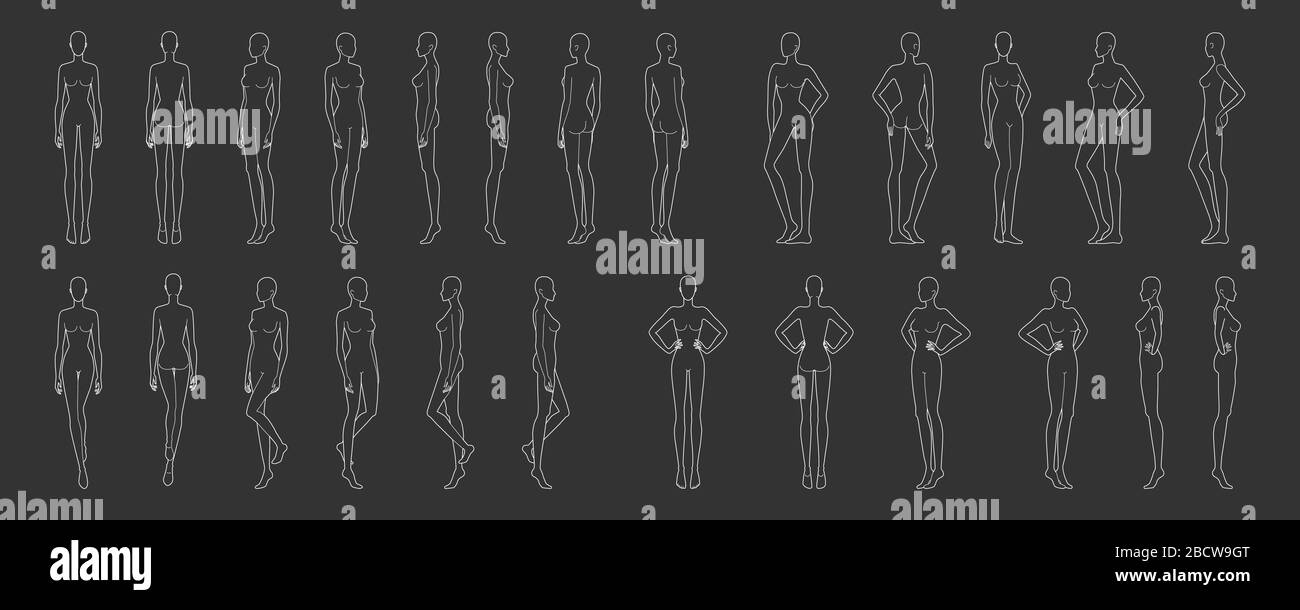 Modello di moda di 25 donne in diverse pose donne. 9 dimensioni testa per disegno tecnico. Figure Lady vista frontale, laterale, 3-4 e posteriore. Vettore delineano ragazza per moda schizzo e illustrazione. Illustrazione Vettoriale