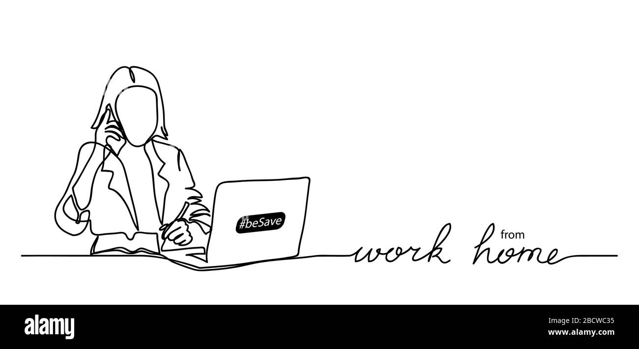 Donna, ragazza con notebook, computer, notebook semplice vettore web banner, sfondo, poster. Lettere di lavoro da casa. Illustrazione Vettoriale