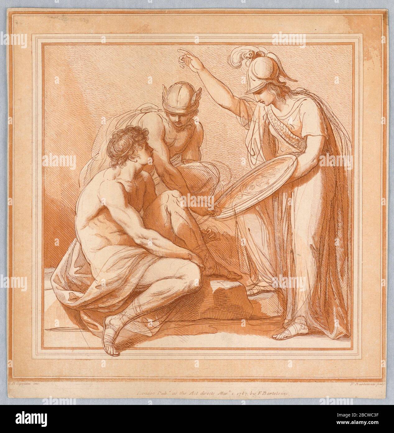 Minerva e Mercurio. La ricerca in ProgressMinerva si trova a destra, con il sheild nella sua mano sinistra, e gesturante con la sua destra. Un giovane è seduto su una pietra a sinistra, mentre Mercurio, dietro di lui, guarda. Minerva e Mercurio Foto Stock