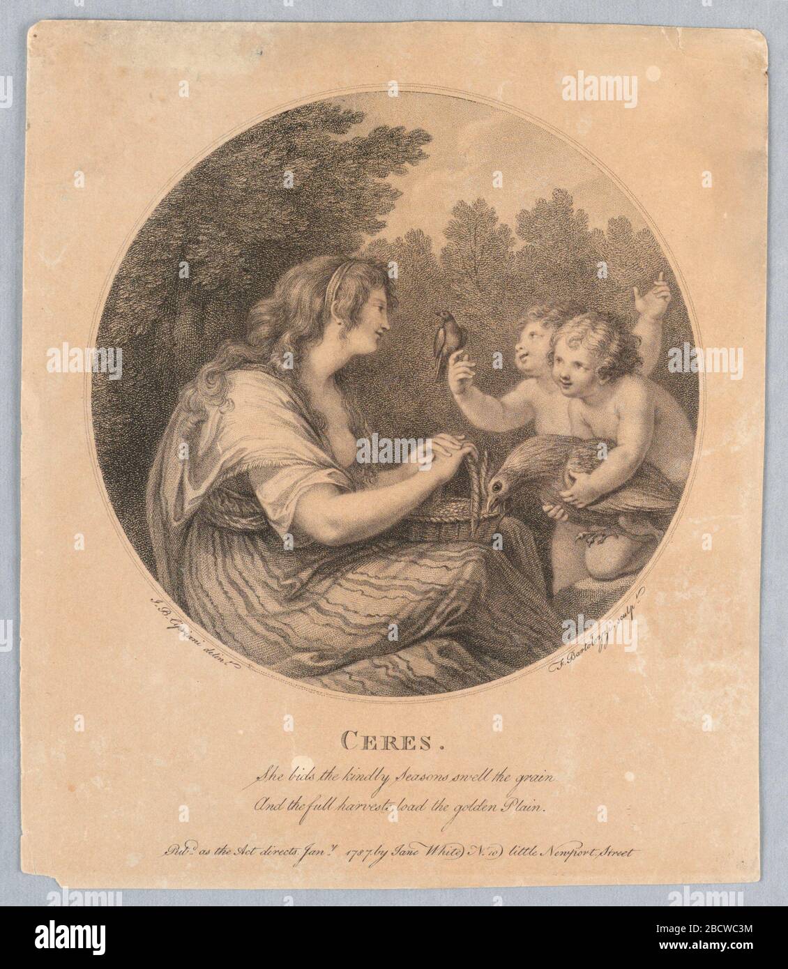 Ceres. La ricerca in ProgressCeres si siede di fronte a due ragazzi a destra, uno che porta un grosso uccello, l'altro che permette ad un piccolo uccello di perch sulla sua mano. Tiene un cesto, oltre i boschi. Ceres Foto Stock