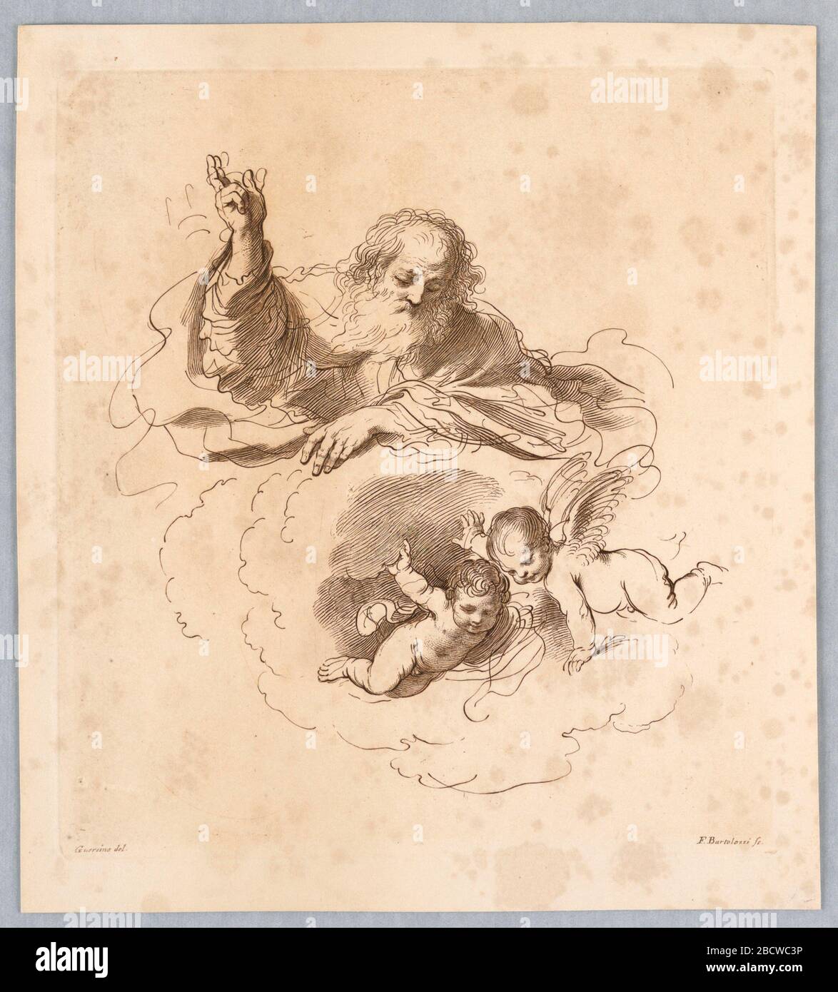 L'Onnipotente nelle nuvole con due angeli Boy. La ricerca in ProgressGod, con la sua mano destra sollevata in benedizione, guarda il bordo di una nuvola a due putti sotto. L'Onnipotente nelle nuvole con due angeli Boy Foto Stock