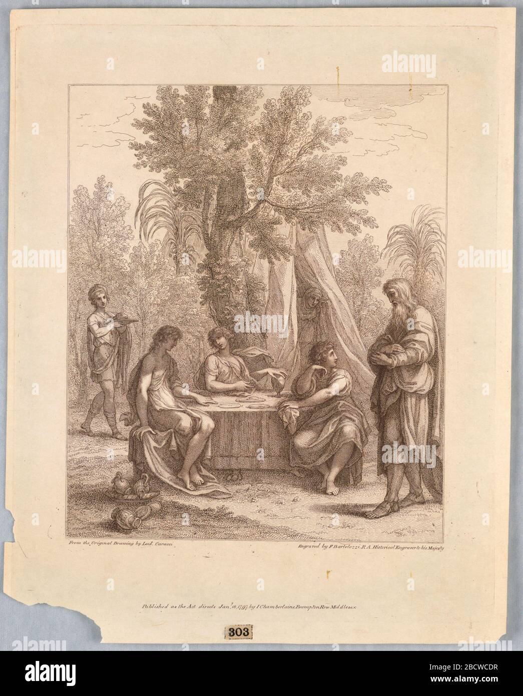 Abrahamo intrattenere tre Angeli. Ricerca in progresso i tre angeli siedono ad un centro del tavolo, con Abrahamo alla destra. Il tavolo è impostato, ci sono lanciatori angolo inferiore sinistro. A sinistra, un servo che porta un vassoio, e da una tenda oltre, una donna appare. Abrahamo intrattenere tre Angeli Foto Stock