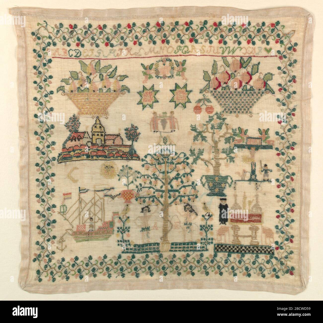 Campionatore. Ricerca in scene ProgressBibliche, una nave, una chiesa, cesti di fiori e un alfabeto racchiuso in un confine di fragole. Campionatore Foto Stock