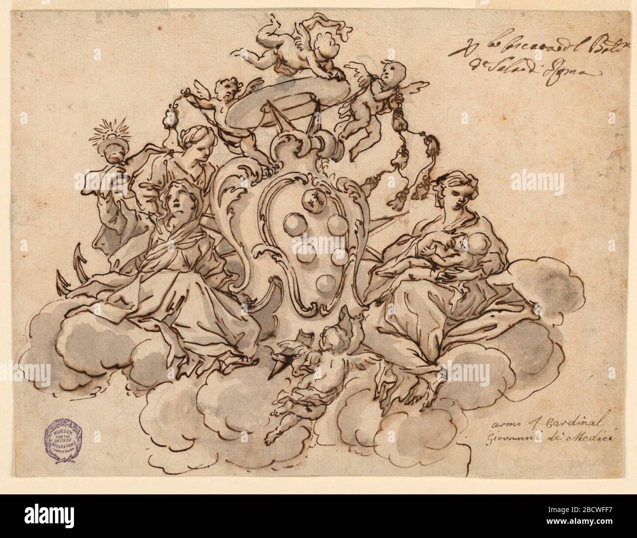 Disegno per la pittura a soffitto con lo stemma del Cardinale Francesco Maria de' Medici. Ricerca in ProgressIl pranzo è sostenuto da un singolo putto che vola sotto mentre tre putti sono occupati con il cappello. La speranza si alza, la fede si siede a sinistra dell'escutcheon, la carità che allatta un bambino siede a destra sulle nuvole. Disegno per la pittura a soffitto con lo stemma del Cardinale Francesco Maria de' Medici Foto Stock