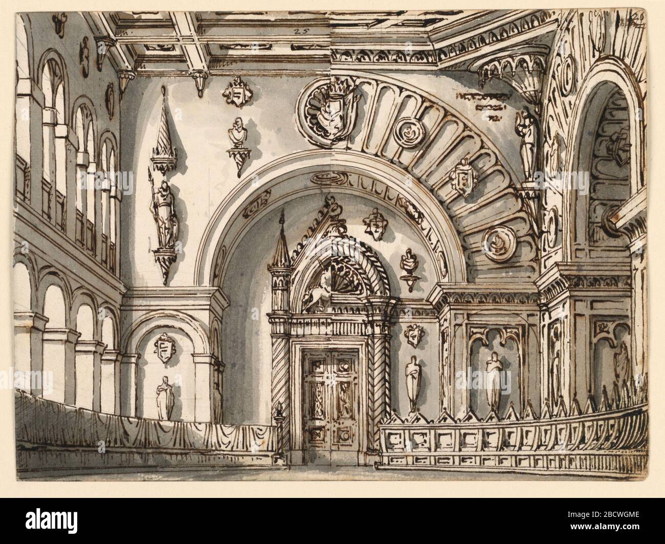 Stage Design Council Room in due stili gotici. Ricerca nel rettangolo ProgressHorizontal. Interno della sala Gothic council in due versioni con file di sedili su entrambi i lati. Stage Design Council Room in due stili gotici Foto Stock