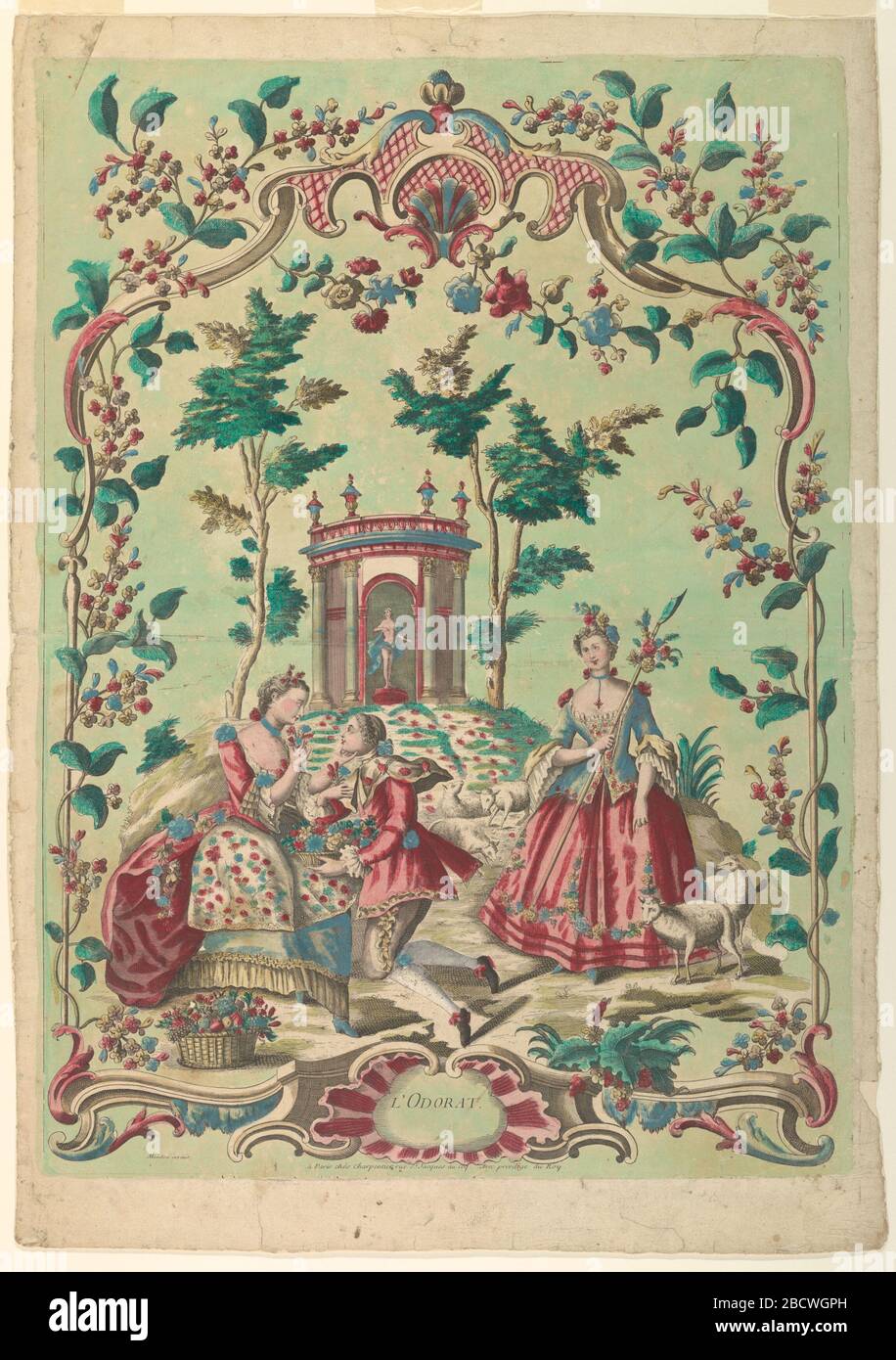 Il senso dell'odore. La ricerca in ProgressAt ha lasciato una donna e un uomo inginocchiato sono fiori amelling presi da un cesto che lui tiene. Una pastorella si erge a destra, circondata da pecore. Su una piccola collina oltre di loro si trova un edificio circolare in cui è una statua parzialmente drappeggiata di una donna. Il senso dell'odore Foto Stock