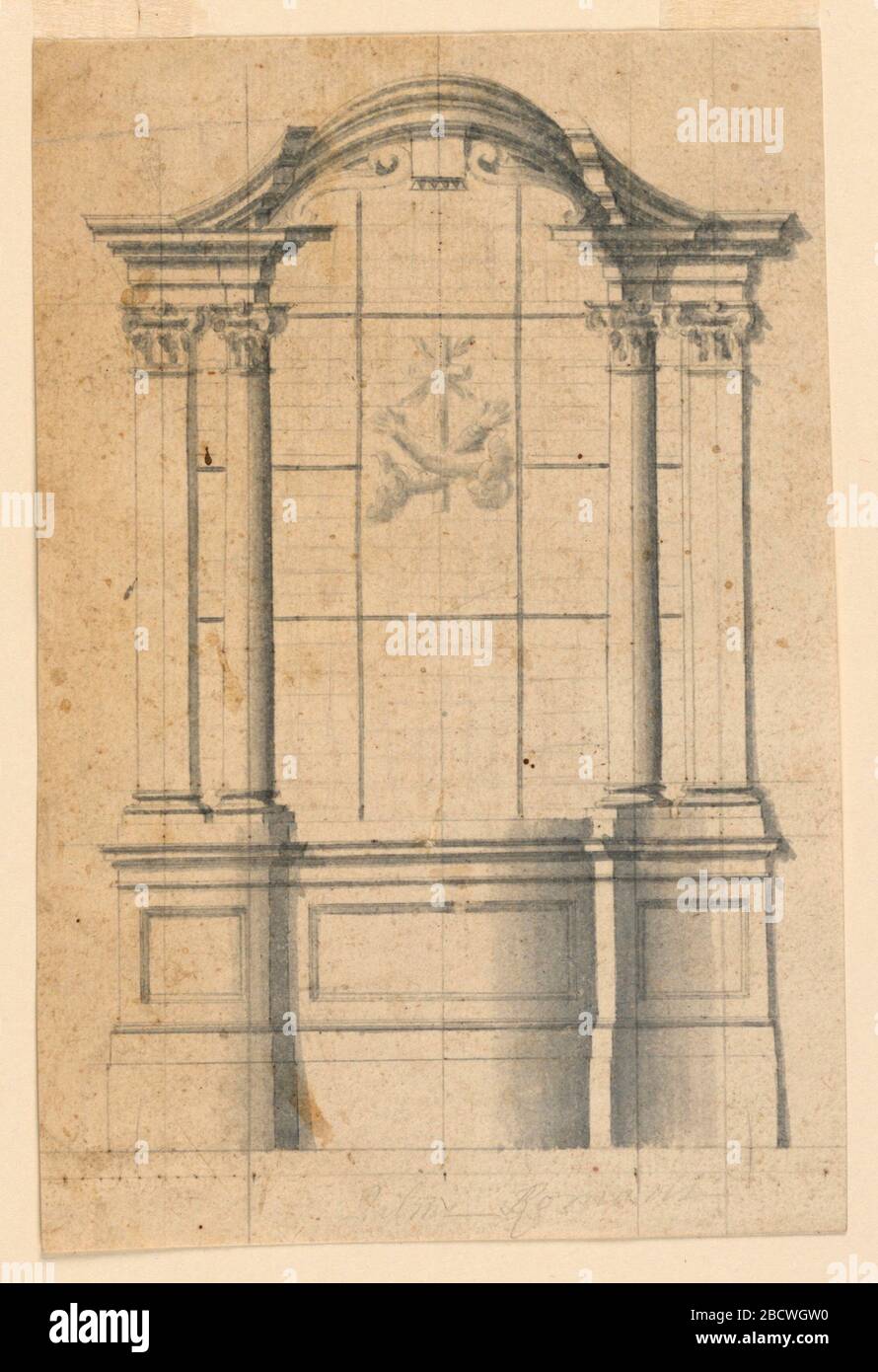 Edicule con Coatofarms. Ricerca in progressione Coppia di pilastri e colonne con capitelli corinziani incorniciano una finestra con stemma. Edicule con Coatofarms Foto Stock