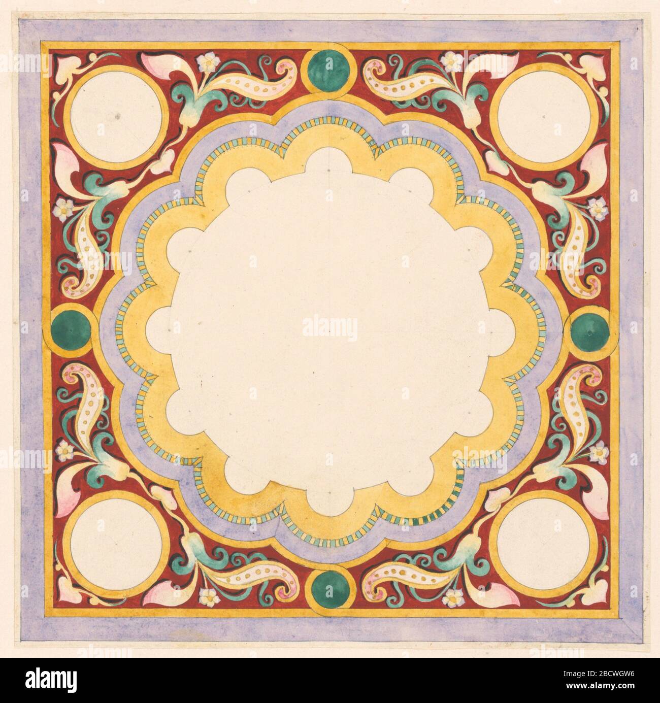 Pannello decorativo per il Festival di luglio. Ricerca in ProgressDesign per pannello quadrato con campo circolare con bordi concentrici scallosted in strisce gialle, lavanda e verdi e gialle. Spazio esterno al campo centrale occupato da motivi floreali su terra rossa. Pannello decorativo per il Festival di luglio Foto Stock