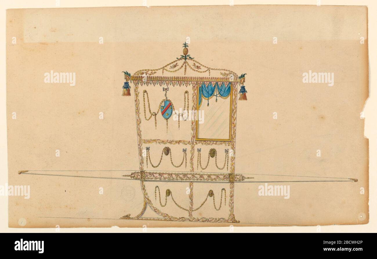 Design per una sedia berlina. Ricerca in ProgressShown in profilo girato verso destra con un bar. Un ananas si erge sulla sommità del tetto a volta che è decorato con festoni e altri ornamenti floreali. È delimitata da file di foglie. Le maschere si trovano agli angoli da cui le nappe sono appese. Design per una sedia berlina Foto Stock