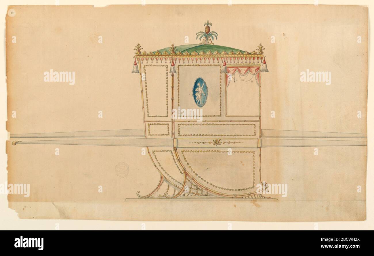 Design per una sedia berlina. Ricerca in ProgressShown dall'angolo posteriore destro con due barre. I pannelli sono decorati con cornici di ghirlande. Un medaglione ovoide con Cupido si trova al centro del pannello accanto alla finestra. Le nappe sono appese agli angoli e tra la finestra e il pannello adiacente. Design per una sedia berlina Foto Stock