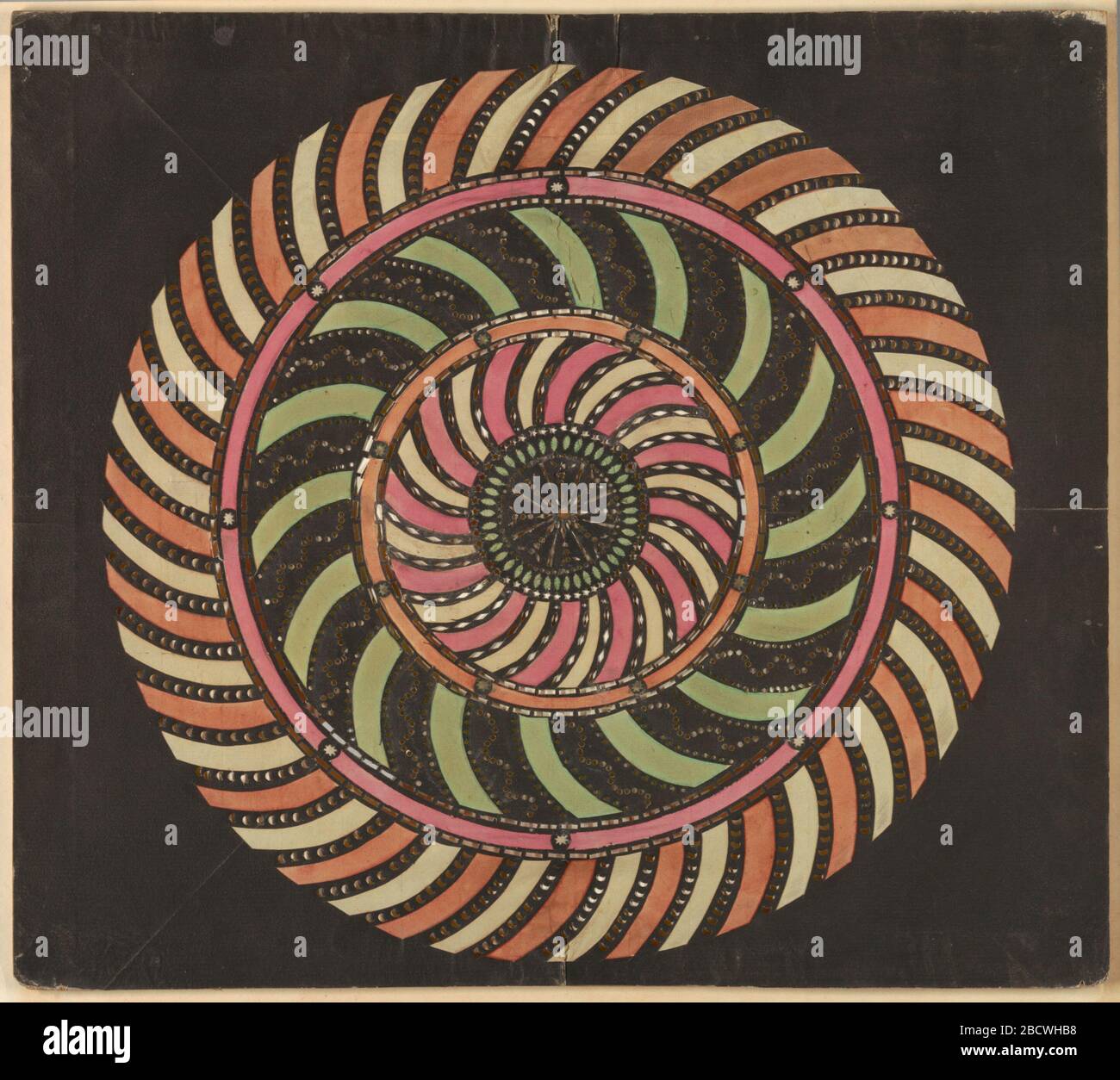 Ruota universale. Ricerca in ProgressMagic lanterna slide, giocattolo ottico. Sul campo nero, disco forato al centro, circondato da tre cerchi concentrici grandi e nove più piccoli. Ruota universale Foto Stock