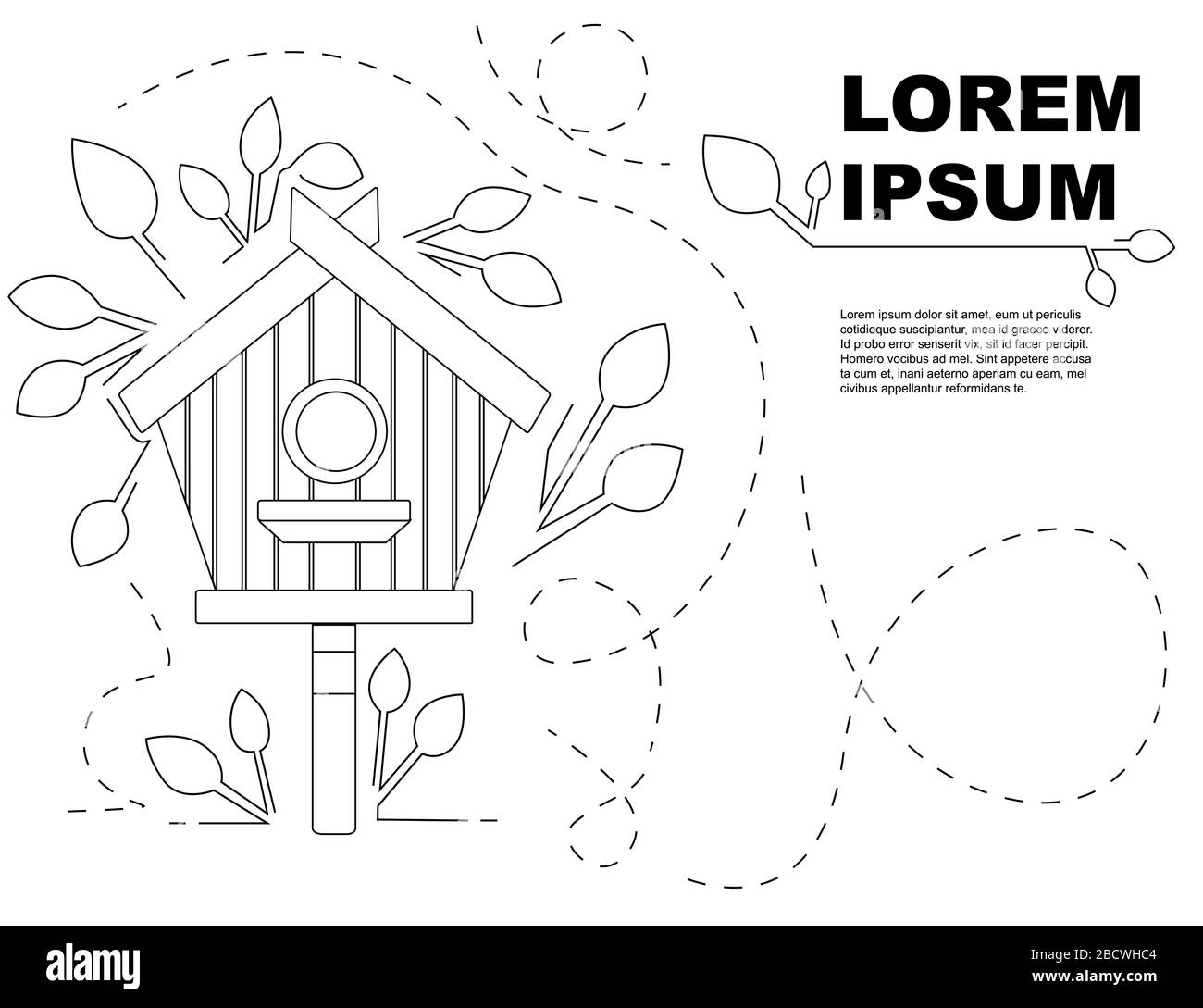 Contorno stile Nesting box su palo di legno birdhouse flat vettore illustrazione su sfondo bianco con foglie pubblicità Flyer banner design Illustrazione Vettoriale
