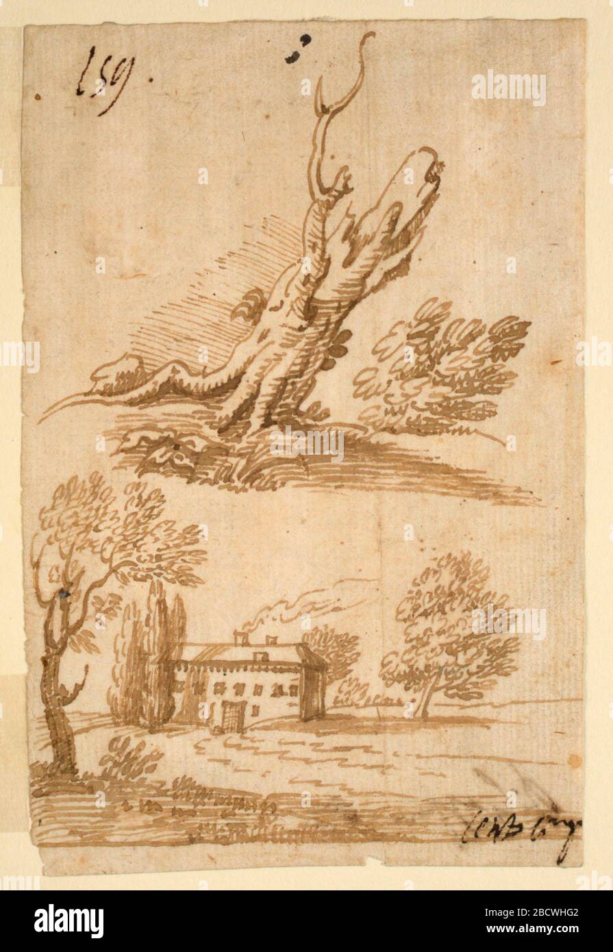 Schizzi di una Villa e albero. Ricerca in ProgressAt top, il moncone di un albero. Sotto, una casa con un camino fumatore circondato da cipressi. Schizzi di una Villa e albero Foto Stock