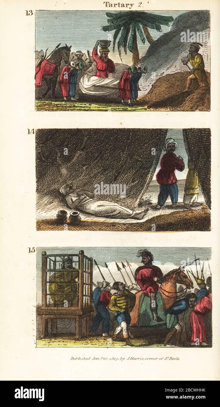 Viste storiche di Tartary. Riti funebri di un capo di Tatar 13, Tatari abbandonando i malati e invecchiati per morire in una capanna 14, e Tamerlane o Timur imprigionando il sultano turco Bajazet i in una gabbia dopo la battaglia di Ankara 1402 15. Foto Stock