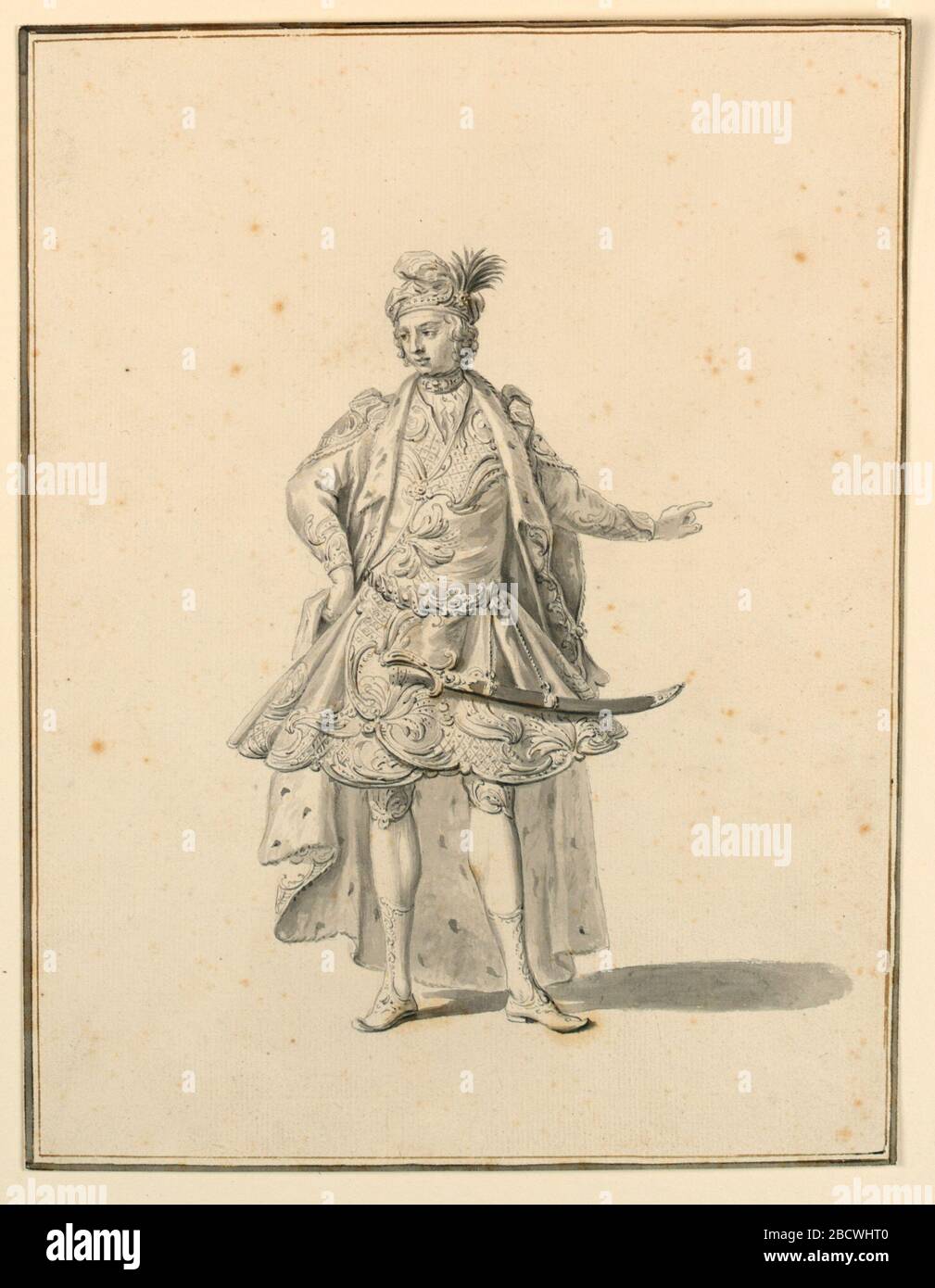 Costume Design Principe persiano per una produzione di palcoscenico disegnata da Giuseppe Galli Bibiena. Ricerca nel rettangolo ProgressVertical. Tutta la lunghezza di un uomo, di fronte allo spettatore, la sua testa si girò verso sinistra. La sua mano destra è a questa anca, la sinistra gesturante. Indossa un elaborato costume broccato, con un mantello erminato sopra di esso. Costume Design Principe persiano per una produzione di palcoscenico disegnata da Giuseppe Galli Bibiena Foto Stock