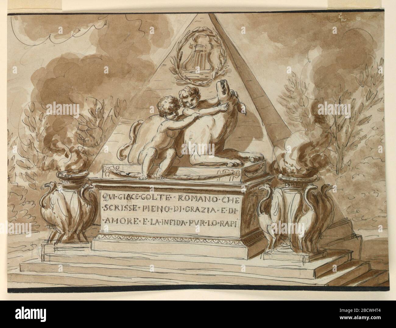Monumento sepolcrale per il poeta Colte di Roma. Ricerca nella piramide di Progressa monumento decorato con una lira all'interno di una corona di alloro, e le figure dei bambini di Romolo e Remo con il lupo lei. Su entrambi i lati, un braciere con uccelli. Iscrizione sul davanti. Monumento sepolcrale per il poeta Colte di Roma Foto Stock