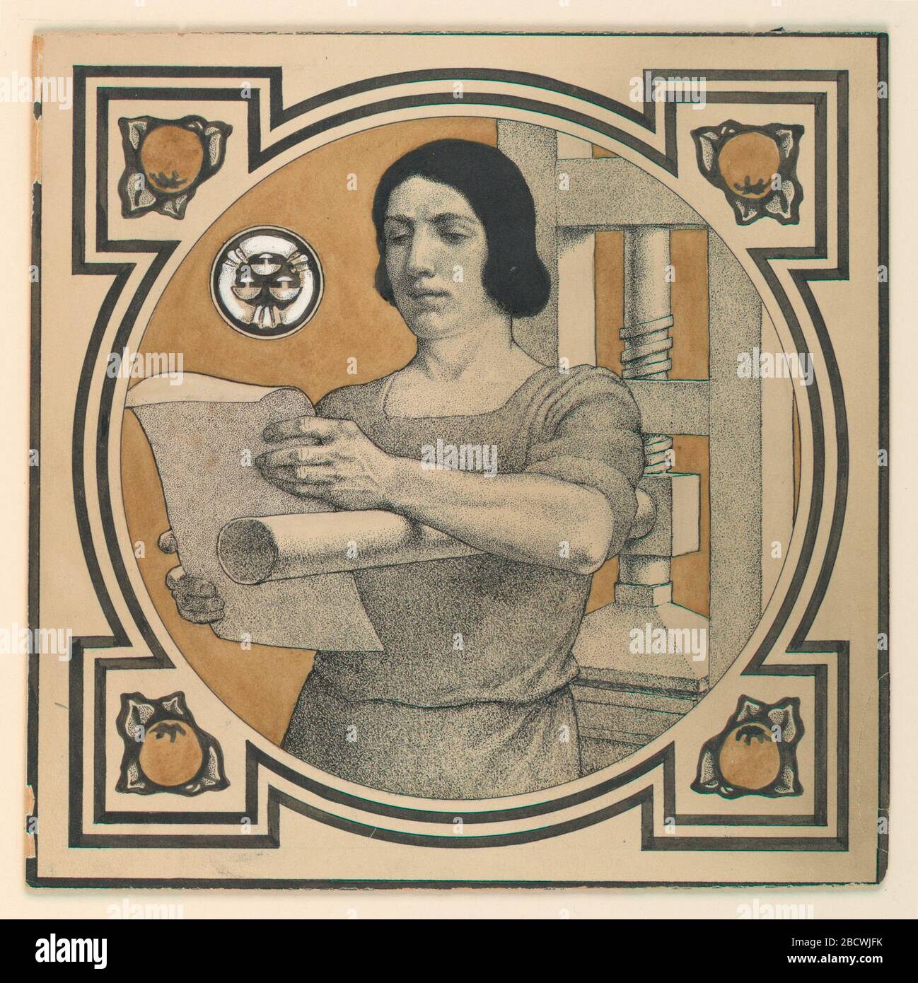 La stampante. Ricerca in ProgressQuestry-Questry figura di un uomo, girato verso sinistra, in piedi prima di una stampa. Tiene un foglio di carta nelle sue mani. In cornice circolare, con doppia riga di enframement oltre, e terminazioni quadrate contenenti motivi di frutta. La stampante Foto Stock