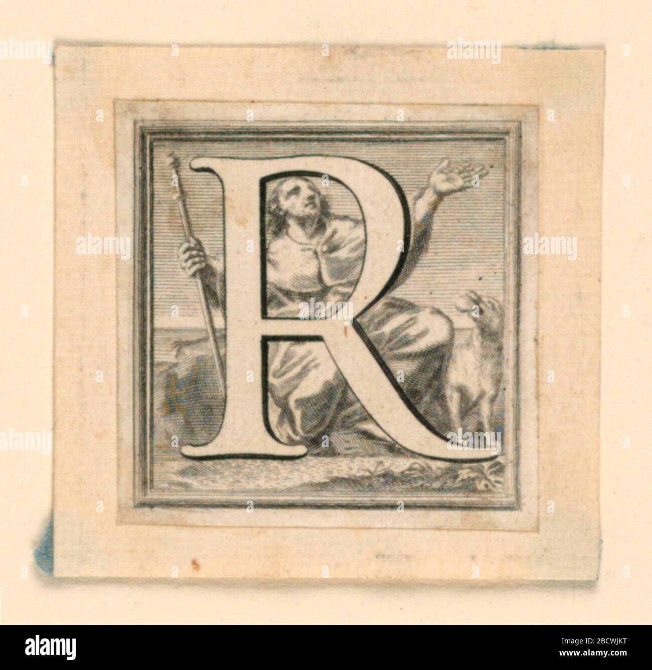 Decorato lettera di capitale R. Ricerca in ProgressLetter R prima della inginocchiatura San Rocco. Lettera R della capitale decorata Foto Stock
