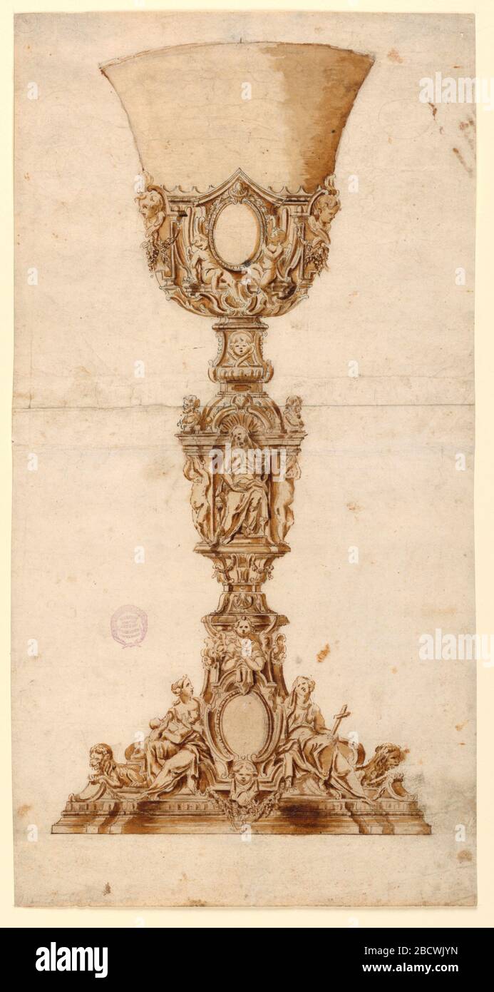 Design per un Calice. Ricerca in ProgressElevation di un calice. L'amore e la fede si siedono sul piede. Viene mostrata una borchia tra di loro. Un busto di un angelo sopra di esso. La temperanza con una caraffa e una ciotola è mostrata alloggiata in una nicchia al centro dell'albero. Design per un Calice Foto Stock