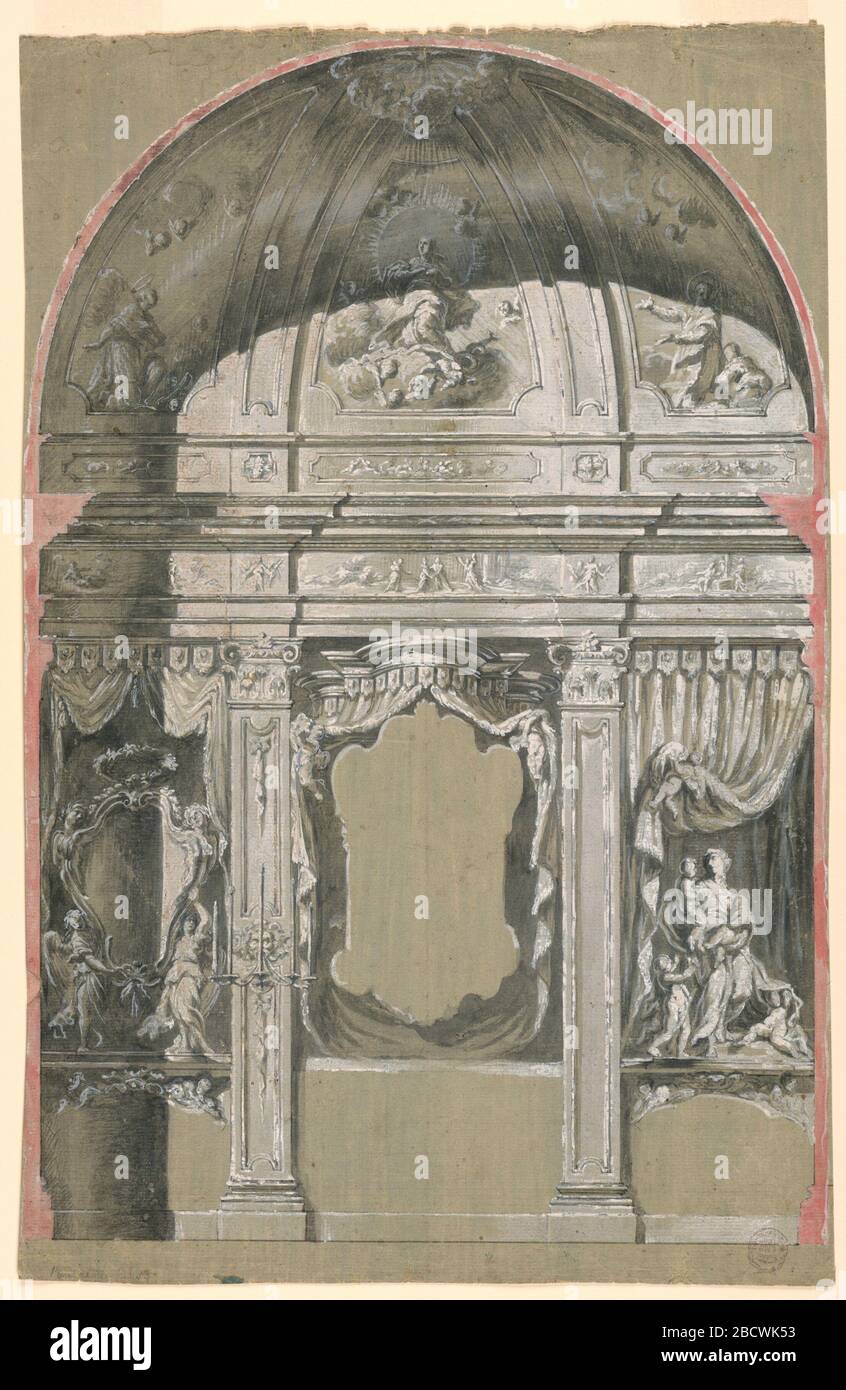 Cappella laterale con le Figure della Carità la Vergine e Santi. La ricerca nella tettoia di Progressa è mostrata come la cornice di un dipinto sopra un altare nel centro. Lateralmente sono lesene, quella sinistra che mostra una staffa della candela. Una borchia è tenuta da due angeli nella baia di sinistra; 'Amore' con quattro bambini è mostrato nella baia di destra. Cappella laterale con le Figure della Carità la Vergine e Santi Foto Stock