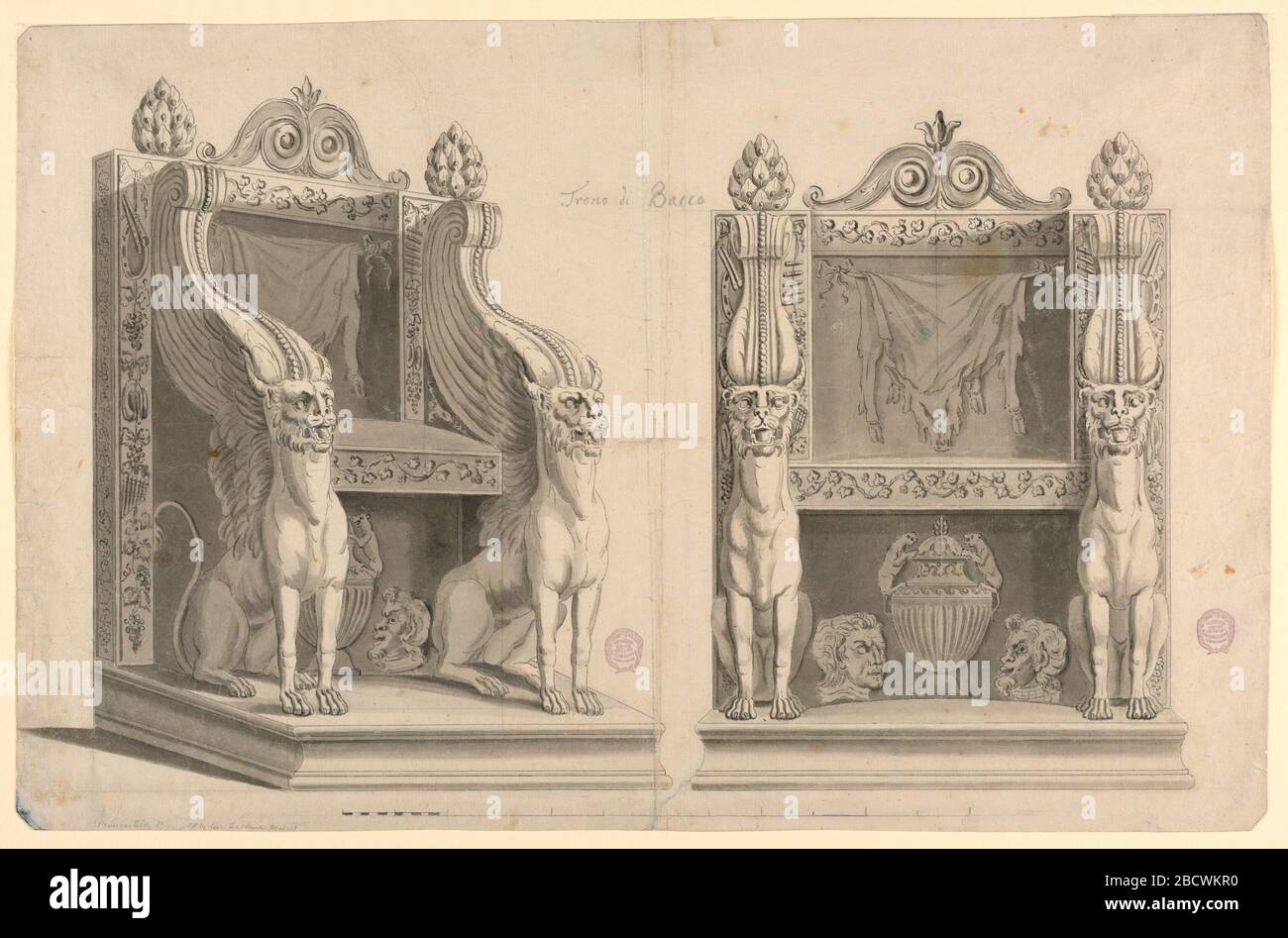 Disegno per un trono del sacerdote di Bacco dopo l'antico marmo. Ricerca in ProgressPage diviso verticalmente. A sinistra, una vista del trono da un angolo obliquo. A destra, un'elevazione. Scala sotto. La schiena del trono è una forma quadrata decorata con i simboli Bacchic dell'uva e degli strumenti musicali. Disegno per un trono del sacerdote di Bacco dopo l'antico marmo Foto Stock