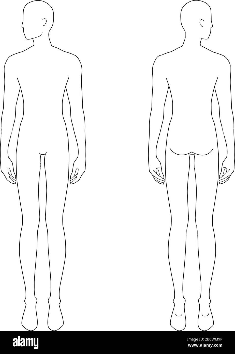 Modello di moda di uomini in piedi. 9 dimensioni testa per disegno tecnico con e senza linee principali. I signori sono una vista frontale e una vista posteriore. Vettore contorno ragazzo per moda schizzo e illustrazione. Illustrazione Vettoriale