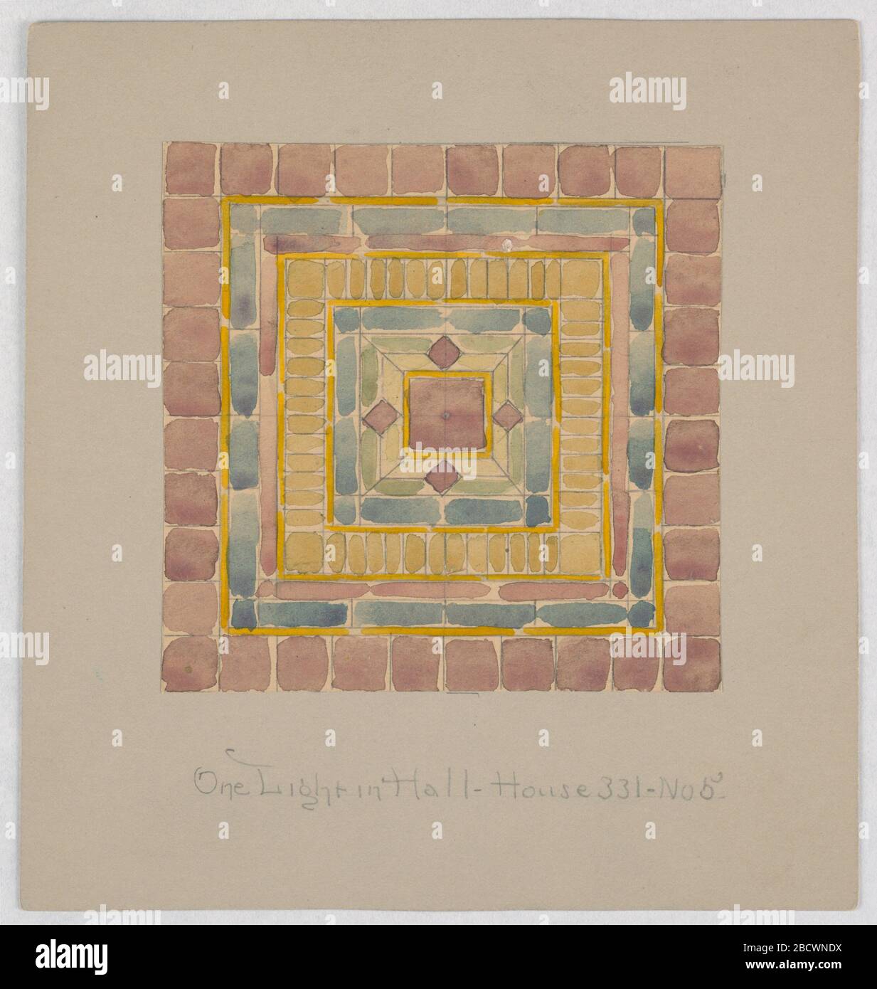 Design per vetro colorato. Ricerca in ProgressSquare finestra in giallo, blu, e salmone; quattro romboidi al centro. Design per vetro colorato Foto Stock