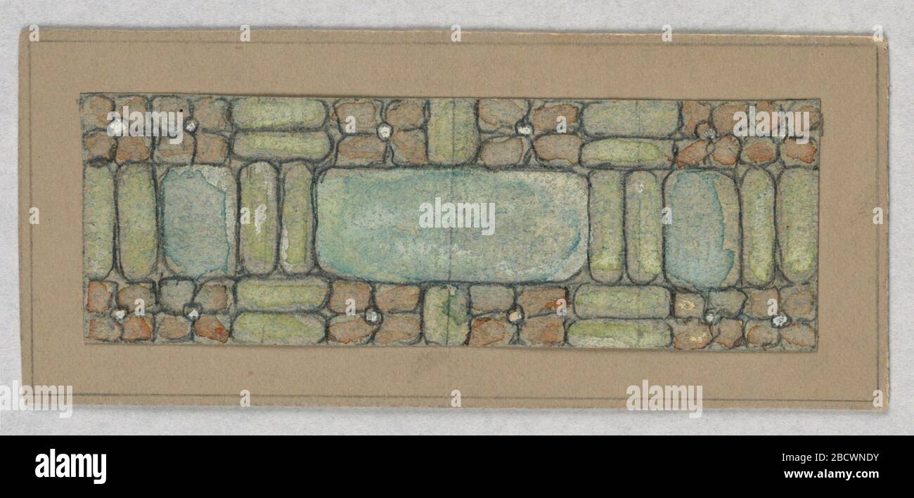 Design per vetro colorato. Ricerca in ProgressDesign in rettangolo orizzontale in grigi e blues, taupes, simile alle pietre, in diverse configurazioni. Design per vetro colorato Foto Stock