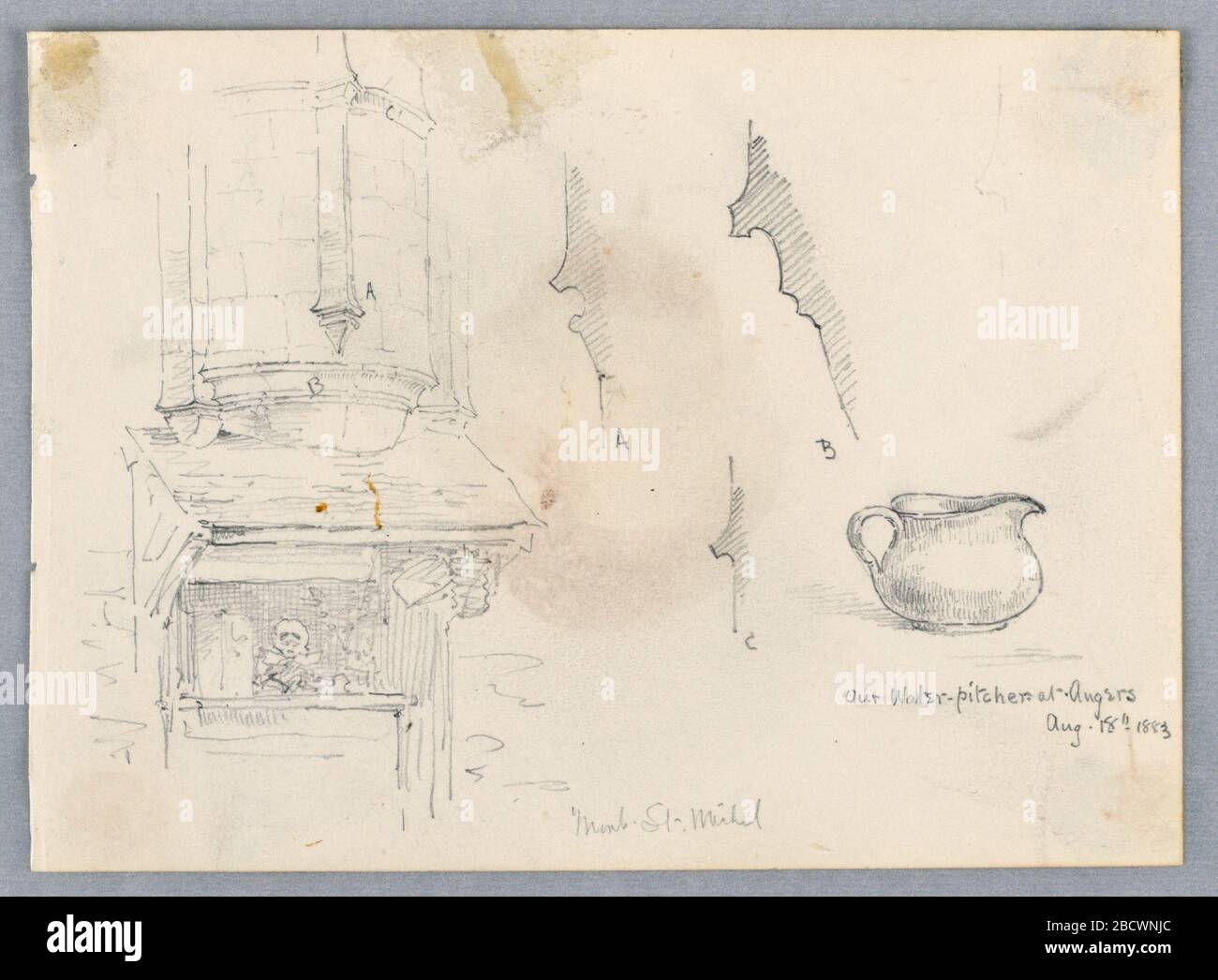 Dettagli architettonici. Ricerca in ProgressDettagli dei supporti lapidei, finestra con una figura. Destra, caraffa d'acqua. Dettagli architettonici Foto Stock