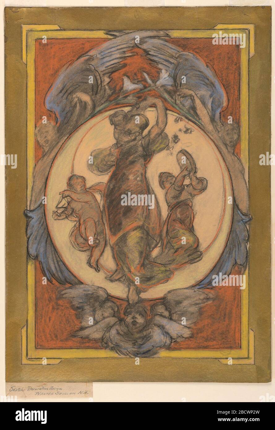 Studio per la Luna Crescent. Ricerca in ProgressTwo figure alate a mezza dimensione e un cherubino incorniciano una composione centrale circolare. Al centro, una donna danzante è abbracciata da un bambino; le figure, possibilmente bambini, a sinistra e a destra tengono rispettivamente un tamburello e un triangolo. Sfondo incorniciato da oro. Studio per la Luna Crescent Foto Stock