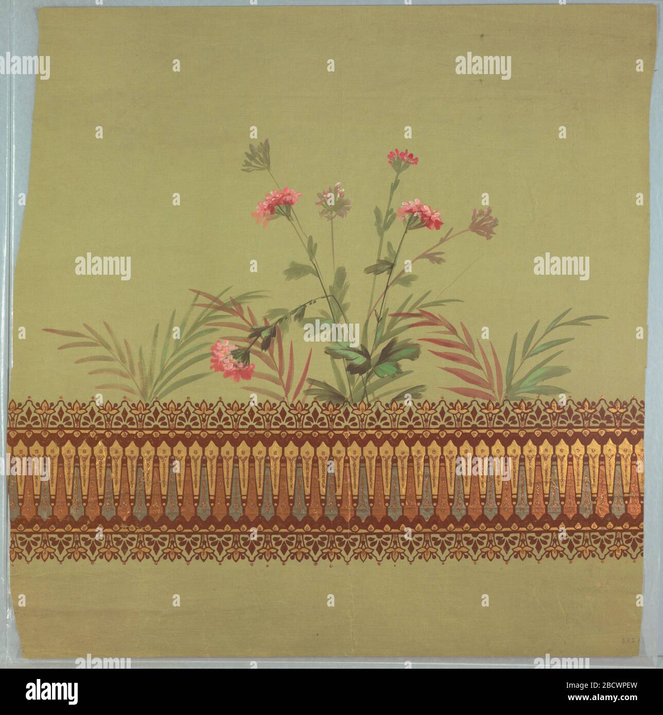 Tendina parasole. Ricerca in ProgressPale tessuto verde o ombra Olanda, con banda di ornamento geometrico in fondo un po 'simile a una balaustra, delineato con profondo gregge rosso. Decorazione floreale con garofani e fronde di palma sopra è stato dipinto a mano prima della stampa. Tendina parasole Foto Stock