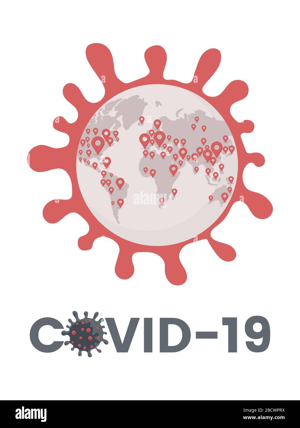 Epidemia di Covid-19 diffusa in tutto il mondo flat illustrazione. Cellula pericolosa di coronavirus, pandemia globale di influenza respiratoria patogena, concetto vettoriale con tipografia. Illustrazione Vettoriale