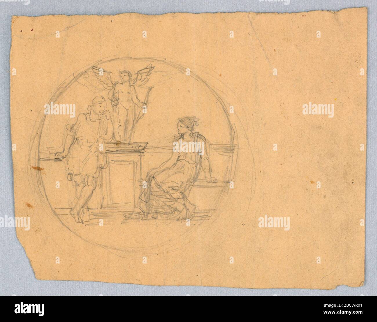 Schizzo per un pannello rotondo o una finestra. Ricerca in ProgressTwo Classical figure, con figura femminile seduta a destra e figura maschile in piedi a sinistra. Centro, una statua di Mercurio su un piedistallo. Verso: Due bordi attraversati, in penna e inchiostro nero, pastello e grafite. Schizzo per un pannello rotondo o una finestra Foto Stock