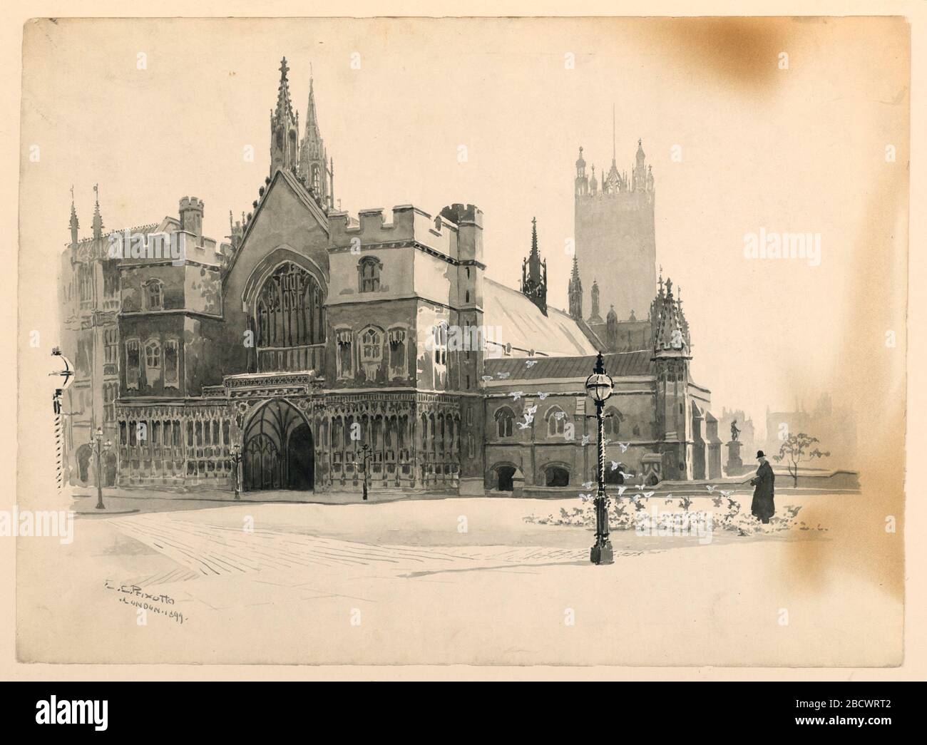 L'esterno della Westminster Hall. Ricerca in progressionel'ingresso al palazzo, a sinistra. A destra, statua di Oliver Cromwell. Uomo che alimenta gli uccelli, in primo piano, a destra. L'esterno della Westminster Hall Foto Stock