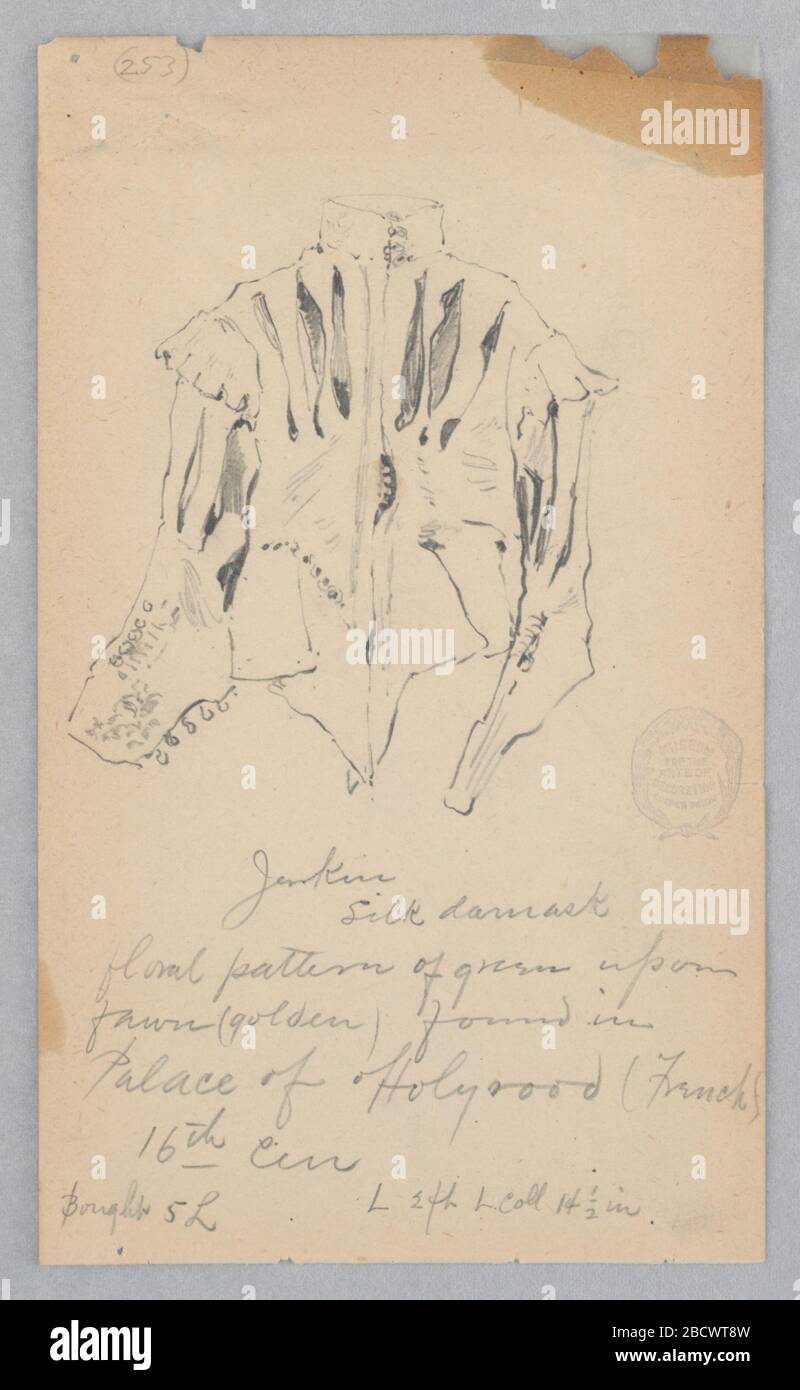 Jerkin. Ricerca in ProgressSketch di una maglietta a jerkin e damask di seta con motivo floreale. Jerkin Foto Stock