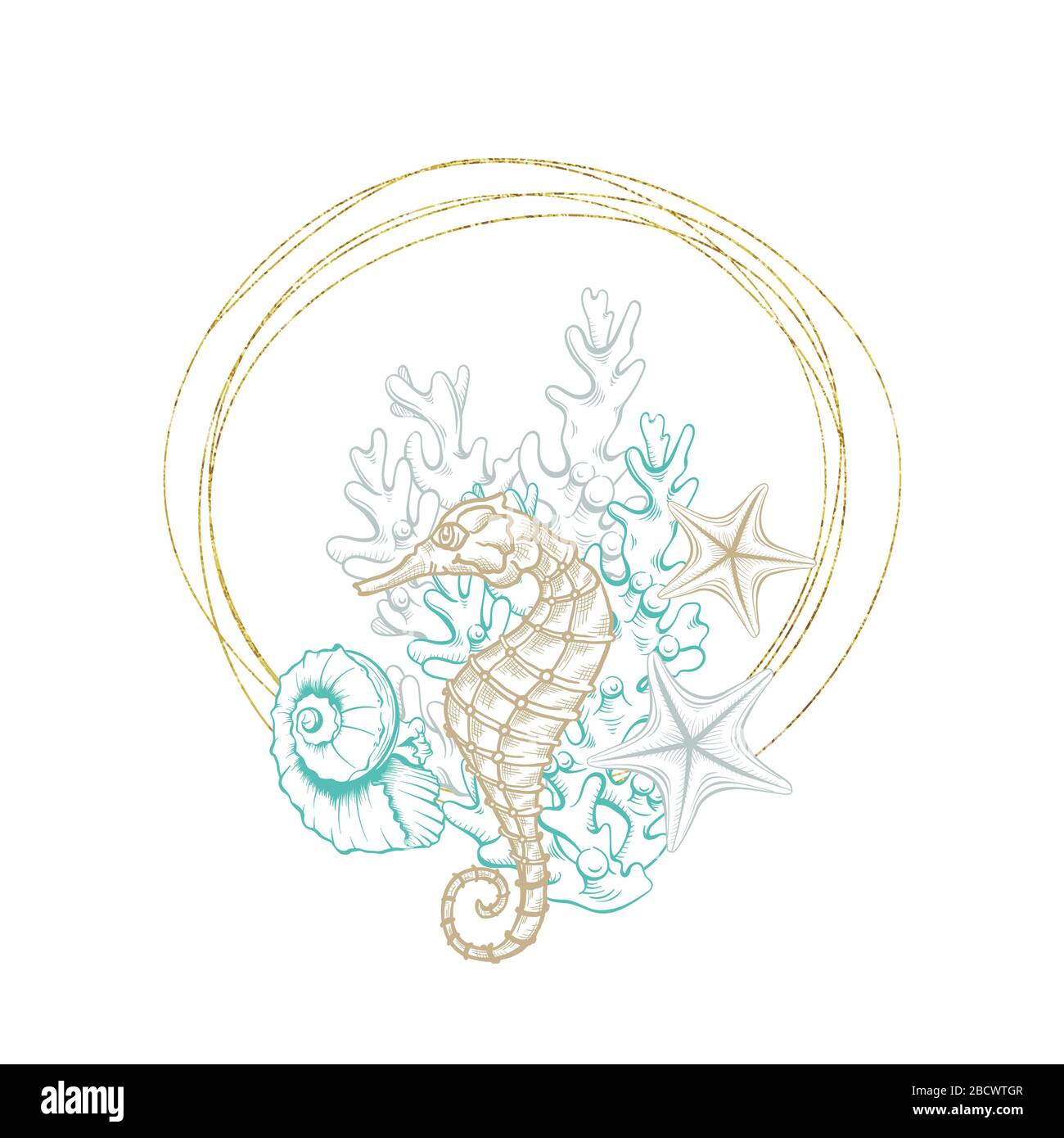 Seahorse disegno in oro geometrico cristallo linea cornice, disegno di disposizione vettoriale. Ocean Seashell e corallo incisioni in bordo dorato con texture foil, subacquea disegno marino in tratteggio disegnato a mano Illustrazione Vettoriale