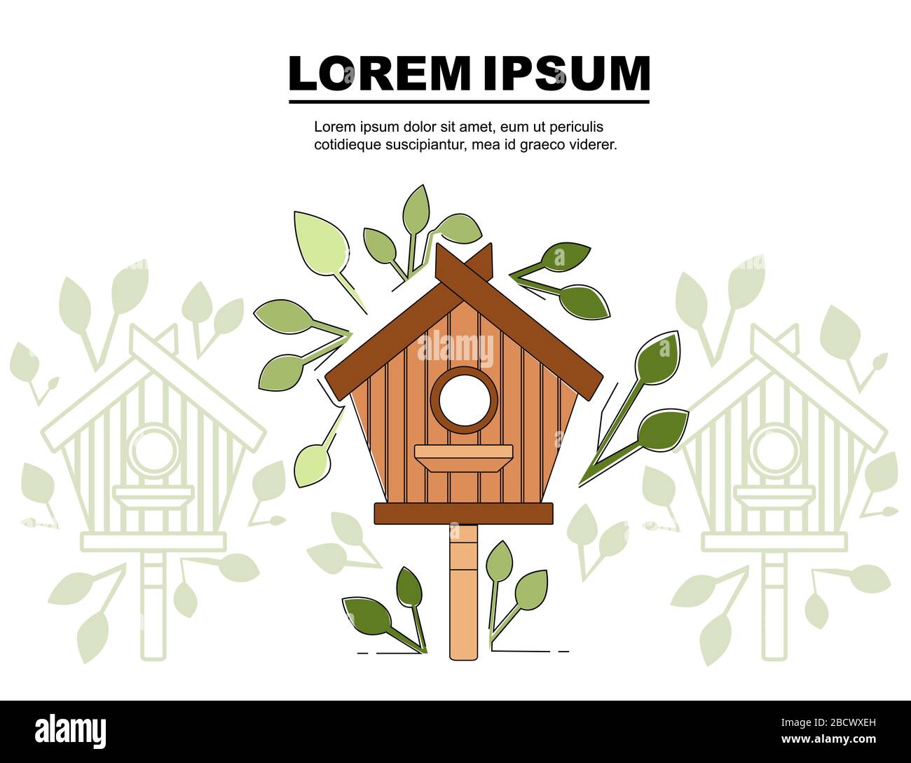 Scatola di nidificazione su legno palo birdhouse di legno piatto illustrazione vettoriale su sfondo bianco con foglie verdi pubblicità flyer banner design Illustrazione Vettoriale
