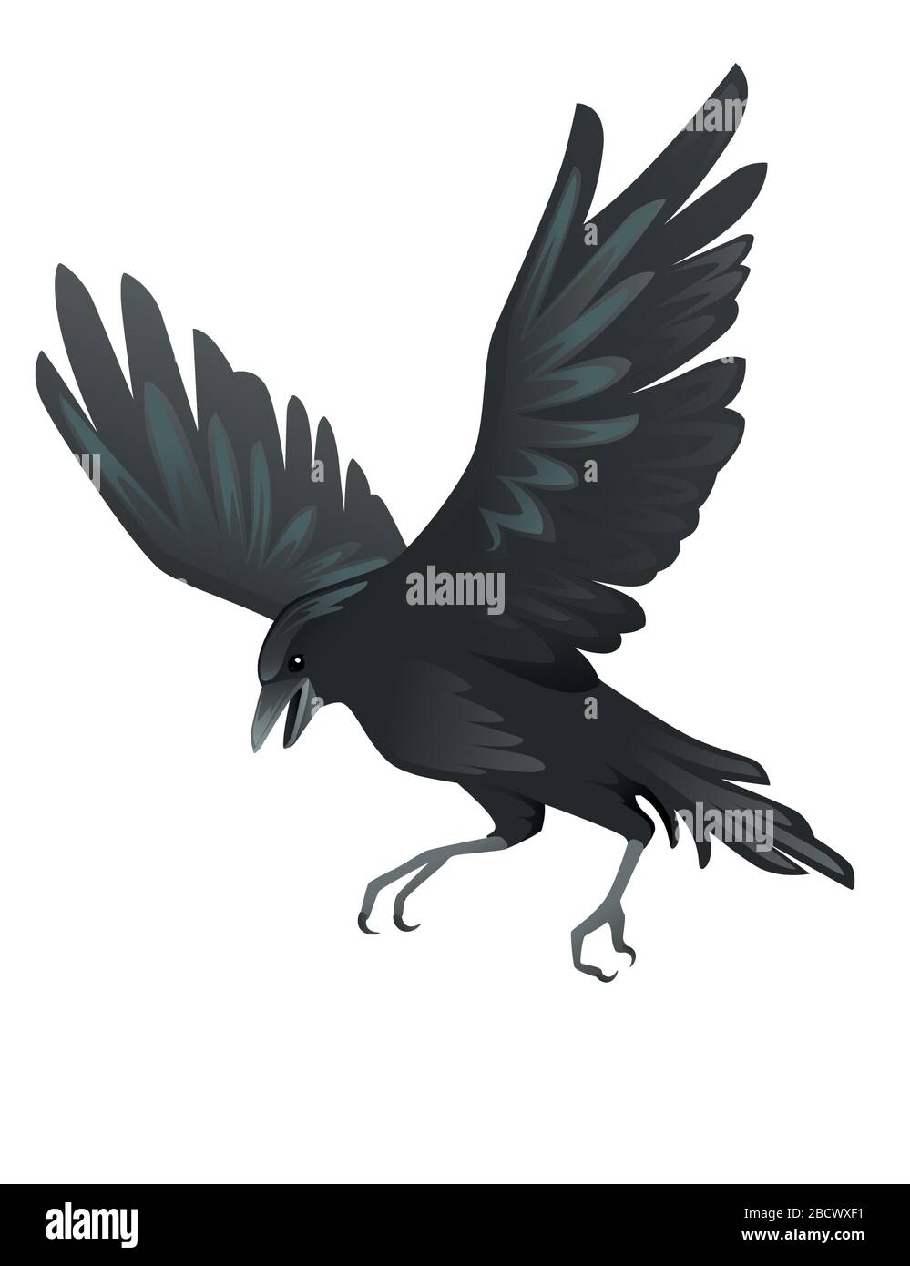 Nero uccello corvo cartone animato crow disegno piatto vettore animale illustrazione isolato su sfondo bianco Illustrazione Vettoriale
