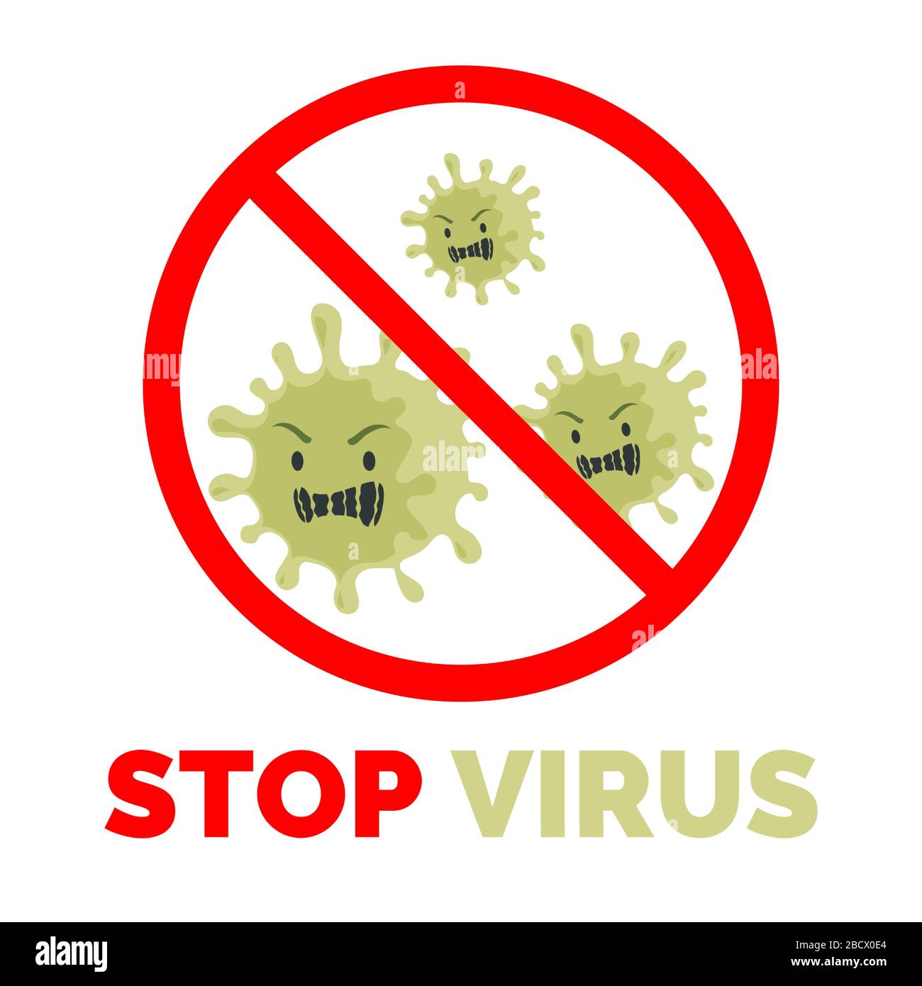 Stop virus COVID-19 flat banner Concept. Coronavirus globale pandemia, Cina patogeno influenza respiratoria focolaio progettazione vettore. Illustrazione barrata di virus pericolosi con testo. Illustrazione Vettoriale