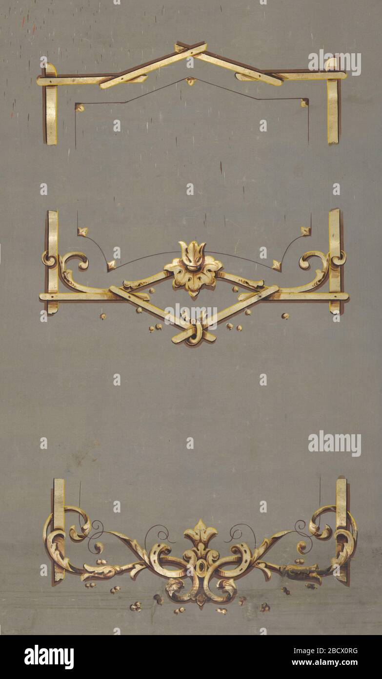 Tendina parasole. La ricerca in ProgressSupport è stampata su entrambi i lati. Al recto: Tre elementi separati, ognuno dei quali mostra la parte inferiore di una struttura. Stampato in oro metallico su supporto verde. In senso verticale: Quattro elementi separati, ciascuno dei quali mostra la parte superiore o inferiore di un framework. Tendina parasole Foto Stock