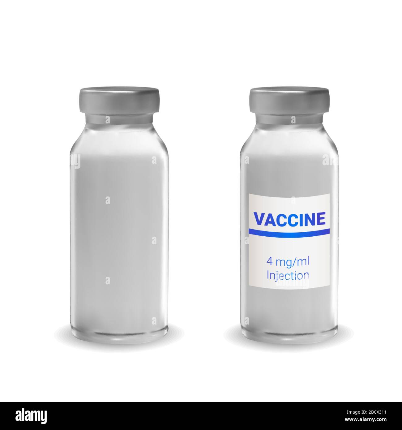 Fiale di vetro 3d realistiche con il medicinale. Iniezione di vaccino. Infezione da virus corona, nuova malattia da coronavirus 2019, COVID-19,nCoV 2019. Vettore Illustrazione Vettoriale