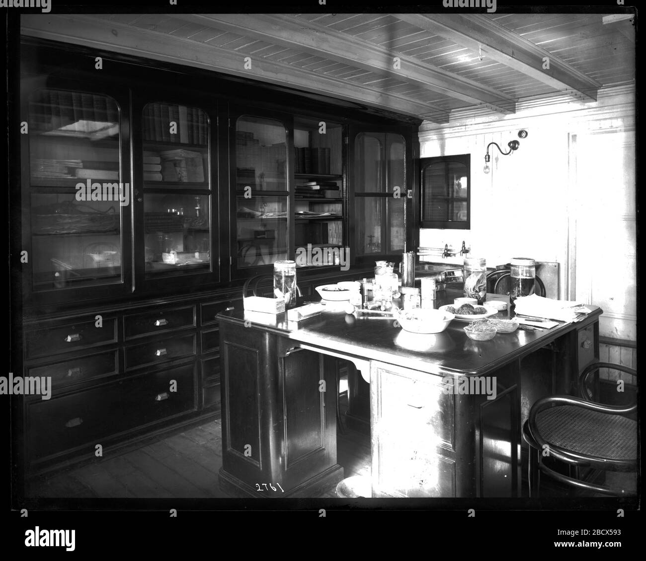 Laboratorio marino. Laboratorio non identificato con esemplari marini in vasi e piatti su scrivania.Smithsonian Institution Archives, ACC. 11-007, Box 011, Image No. MNH-2761Smithsonian Institution Archives Capital Gallery, Suite 3000, MRC 507; 600 Maryland Avenue, SW; Washington, DC 20024-2520 MNH-2761 Foto Stock