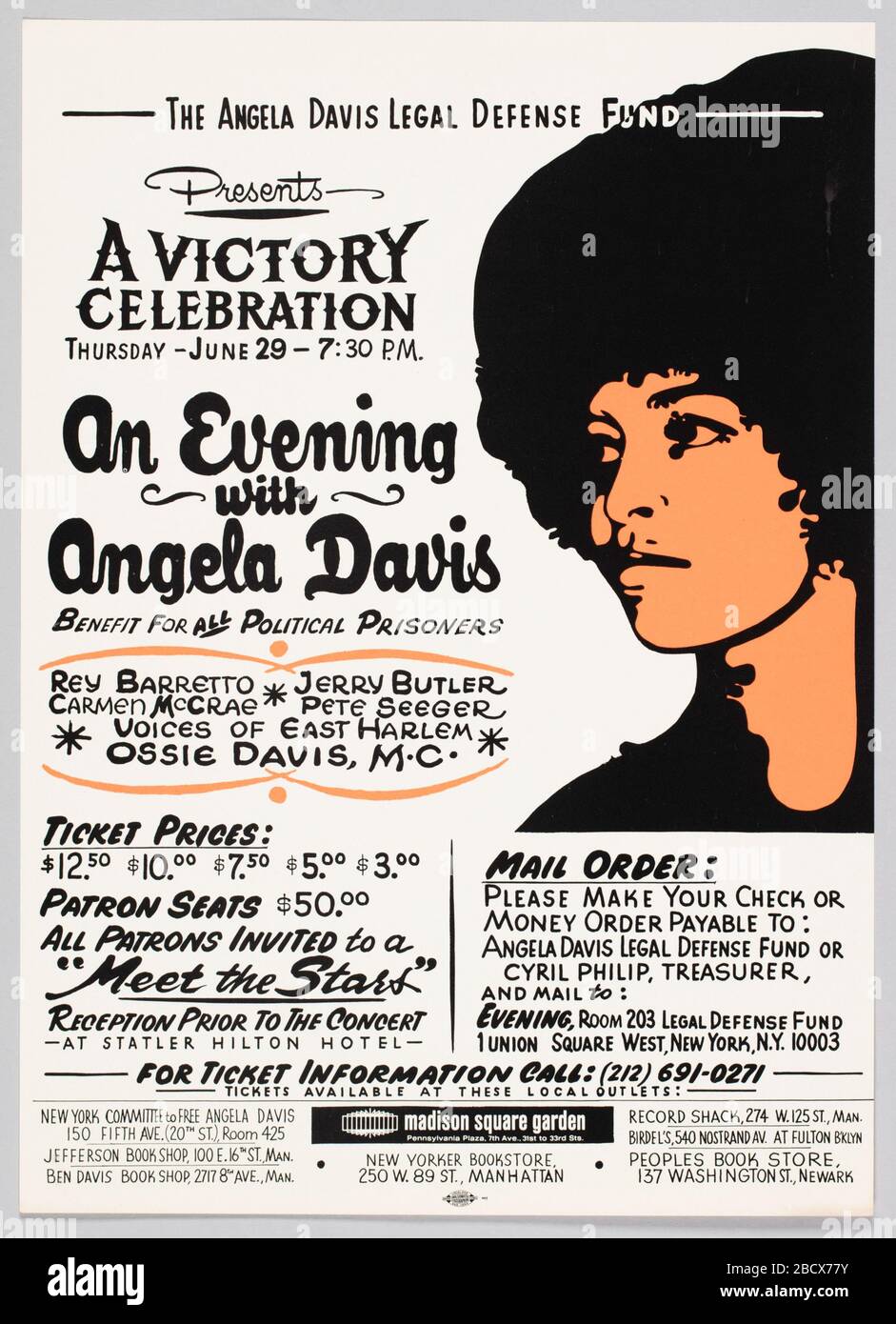Volantino Pubblicità una serata con Angela Davis. Questo volantino pubblicizza una serata celebrativa con Angela Davis. Il volantino è bianco con testo nero e presenta un'illustrazione di Angela Davis in alto a destra. Volantino Pubblicità una serata con Angela Davis Foto Stock