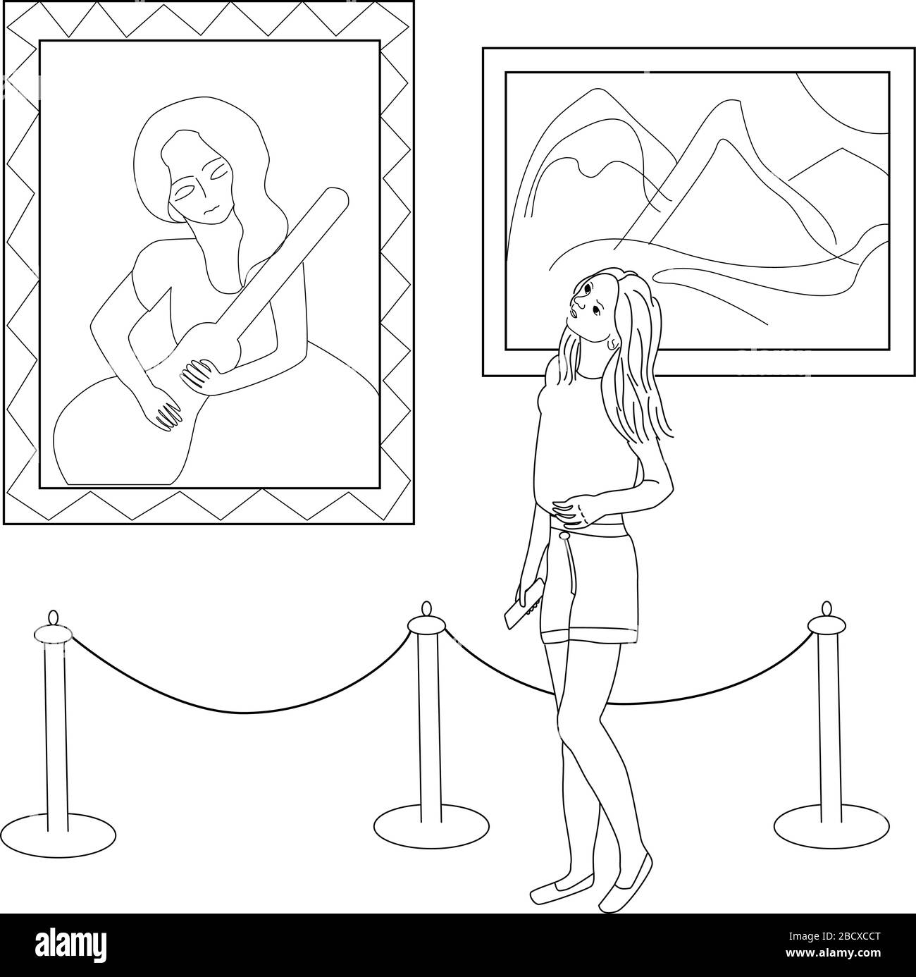 Illustrazione vettoriale in uno stile lineare su sfondo bianco - ragazza nel museo, nella galleria d'arte. Per copertine di design notebook, tovaglie Illustrazione Vettoriale