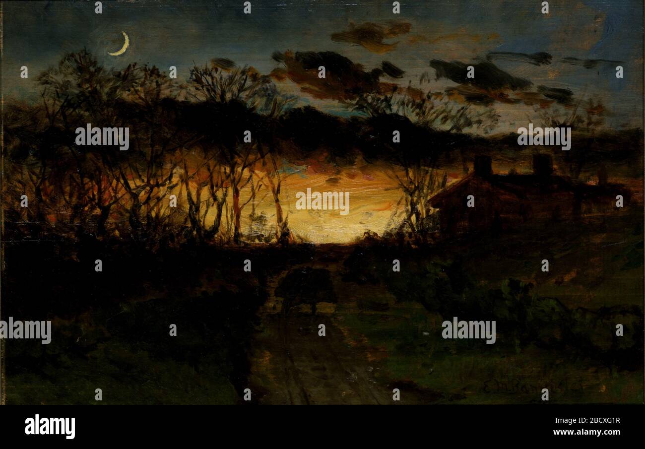 Tramonto senza titolo con un quarto di luna e colonica. Le intime vedute del paesaggio americano di Edward Banister contrastavano con le grandi vedute delle montagne e dei canyon dipinte da molti dei suoi contemporanei. Foto Stock